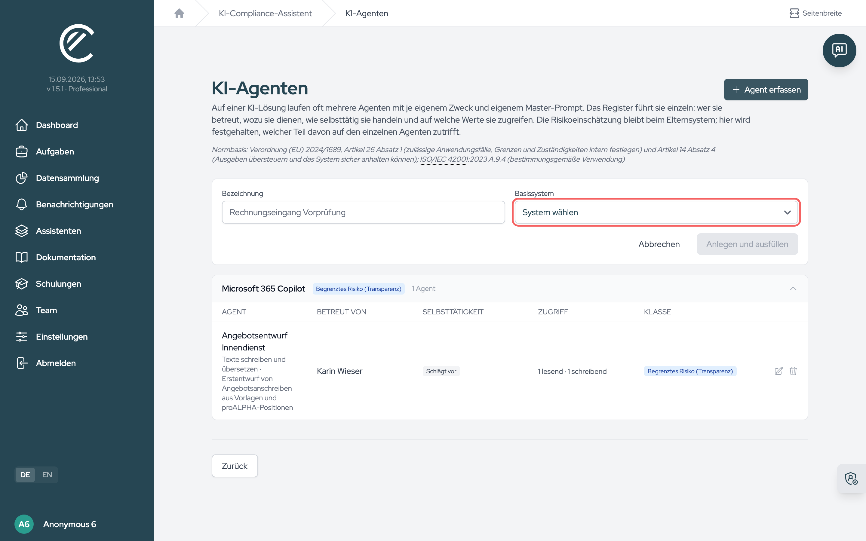 Das Formular nach „Agent erfassen“: Bezeichnung und Basissystem genügen für den ersten Schritt. Das Anlegen erzeugt den Wert vom Typ „KI-Agenten“ und die Beziehung „basiert auf“ zum gewählten System.