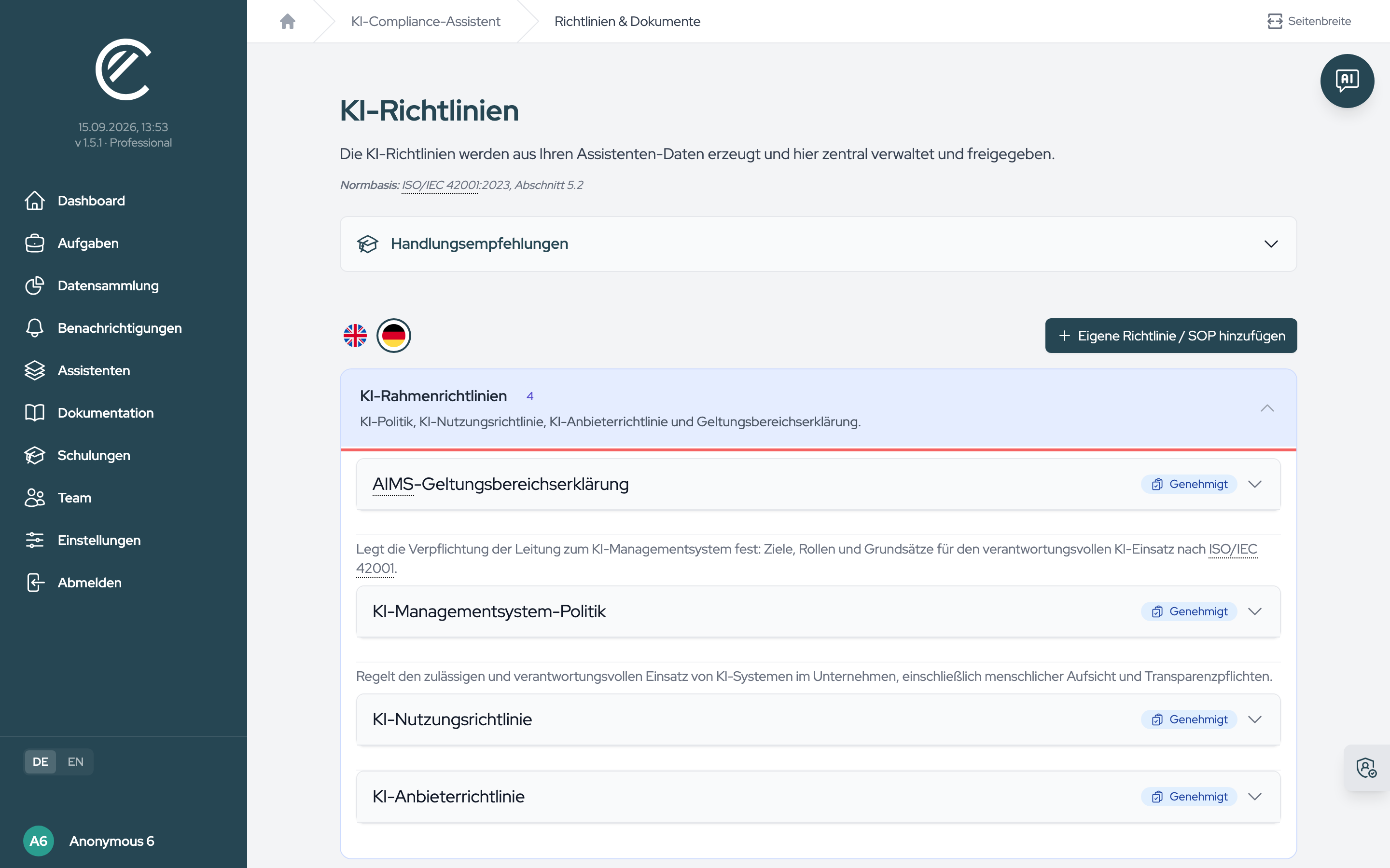 Die Gruppe „KI-Rahmenrichtlinien“ mit Geltungsbereichserklärung, KI-Politik, KI-Nutzungsrichtlinie und KI-Anbieterrichtlinie; die Anbieterrichtlinie erscheint nur bei Anbietern.