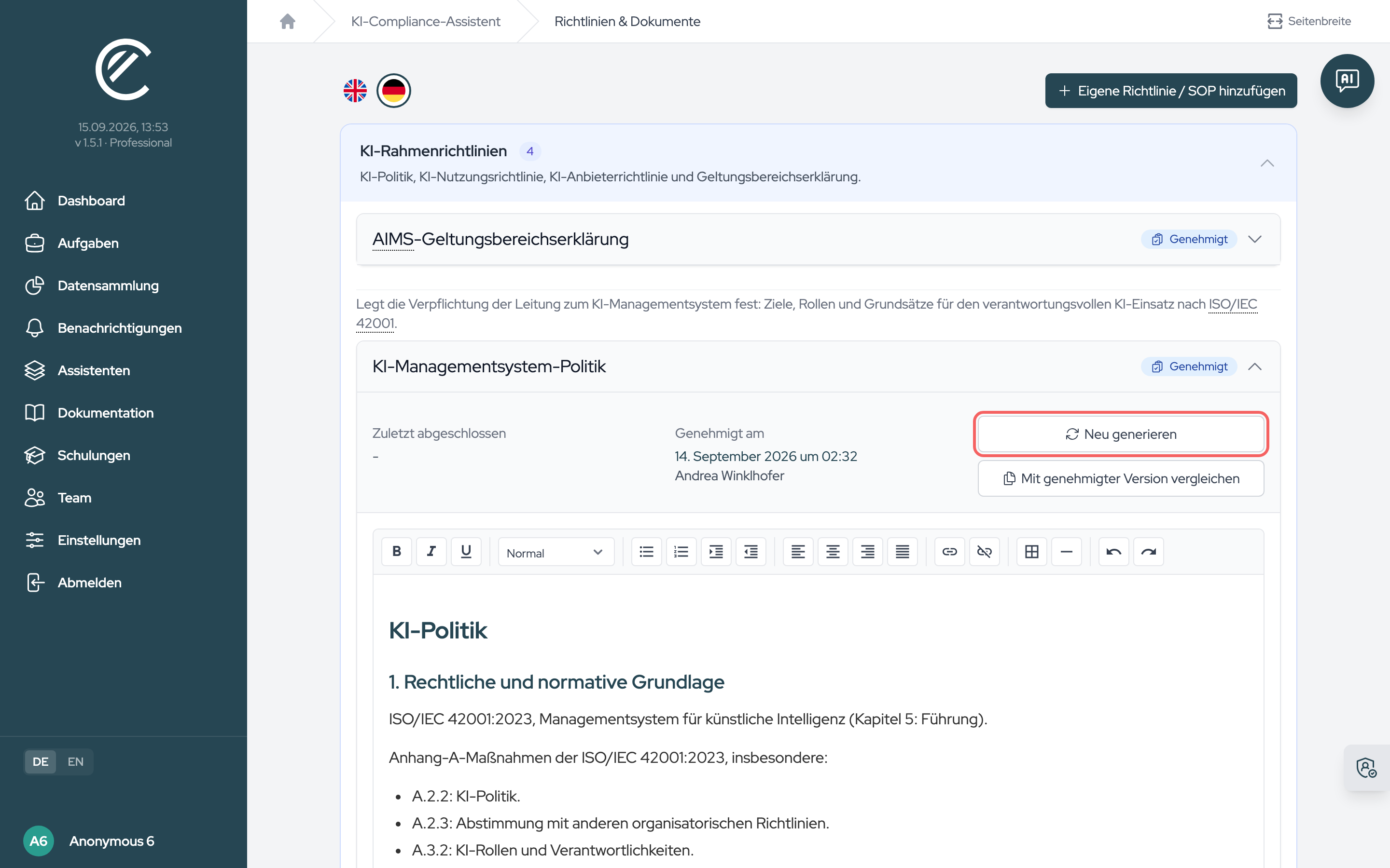 Eine aufgeklappte Richtlinie mit dem Lebenszyklus „Dokument generieren“, „Entwurf speichern“ und „Abschließen“; erst „Abschließen“ legt die Version an, die unter Dokumentation zur Freigabe ansteht.