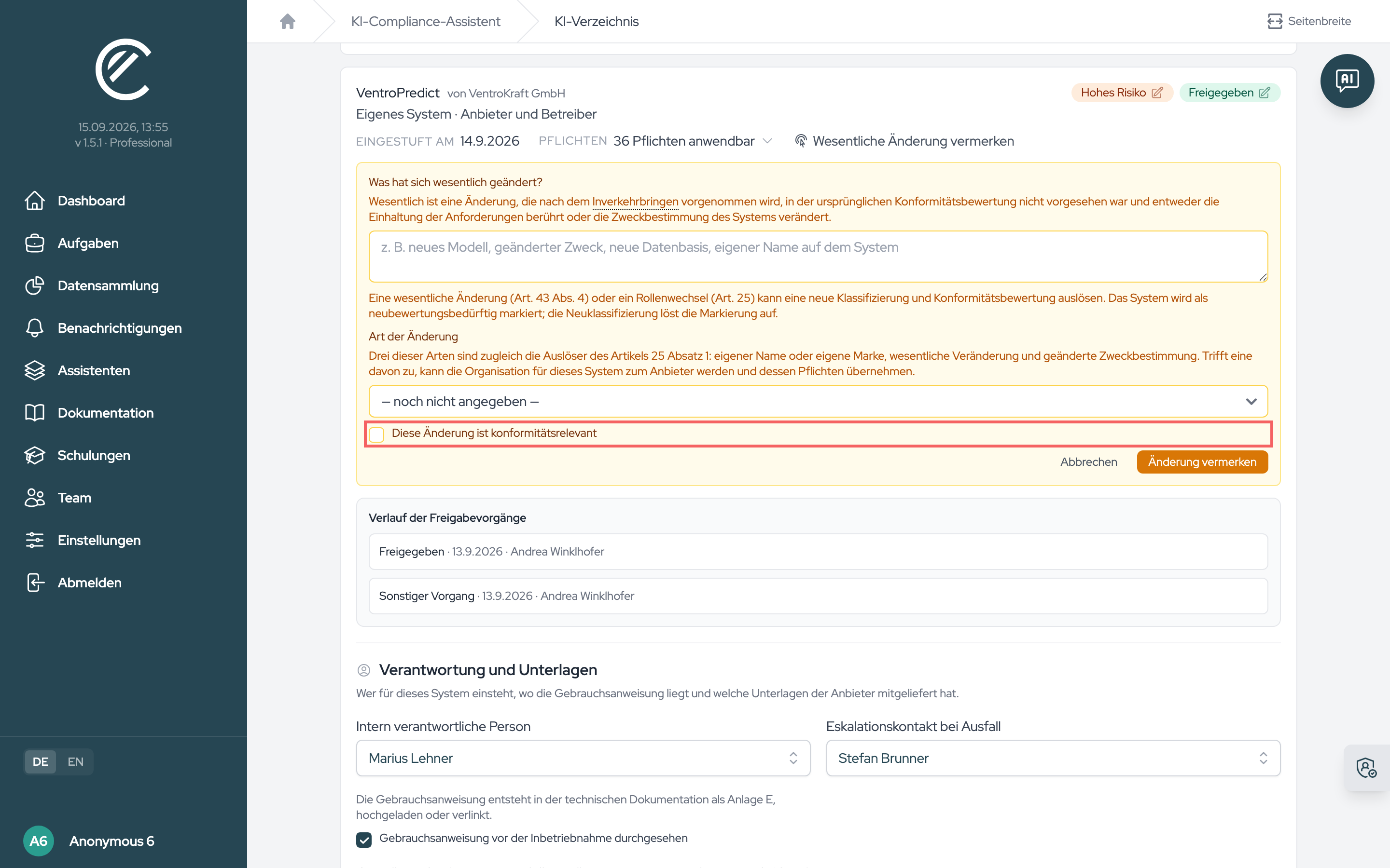 Das Häkchen entscheidet, ob aus dem Vermerk Aufgabe, Erinnerung und die Aktualisierung der Folgenabschätzung entstehen und ob der Bestandsschutz endet. Das Abzeichen „Neubewertung nötig“ setzt jeder Vermerk.