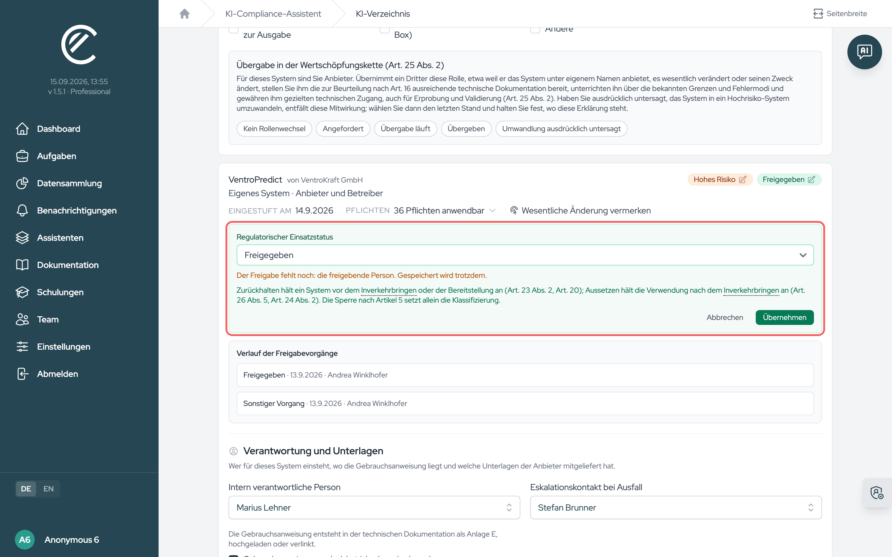 Das Statusformular. Bei „Freigegeben“ prüft Cenedril Messwert, freigebende Person und Freigabedatum und speichert die Entscheidung auch dann, wenn etwas davon fehlt.