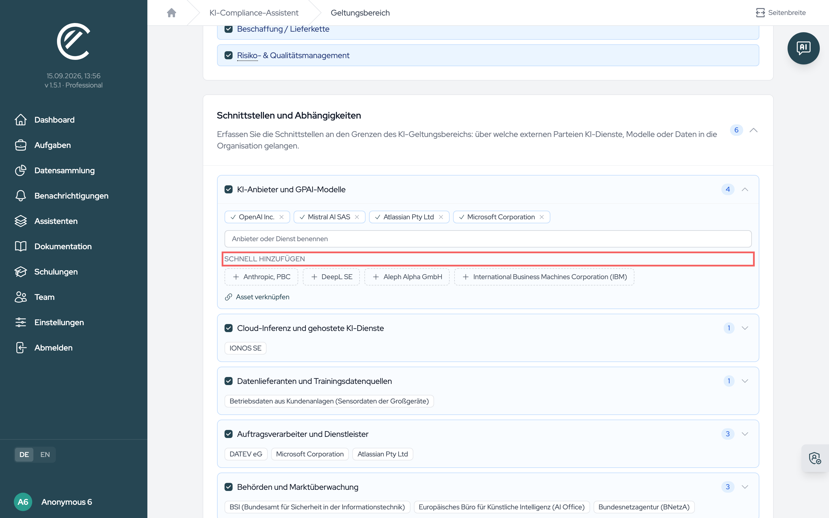 Die geöffnete Kategorie „KI-Anbieter und GPAI-Modelle“ mit den drei Wegen zum Registereintrag: aus dem Register, per Vorlage unter „Schnell hinzufügen“ oder über das Namensfeld.