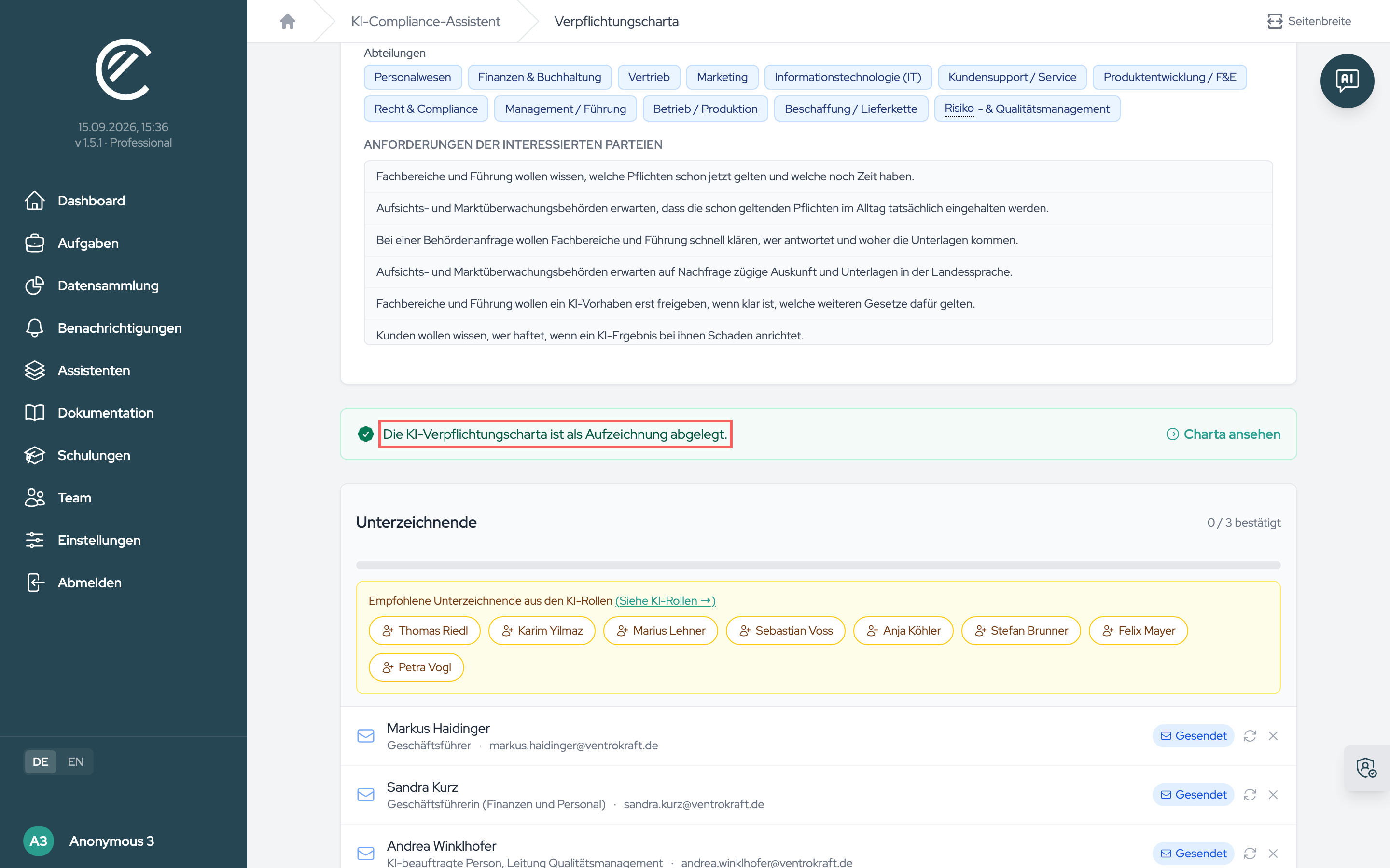 Nach „Speichern & Weiter“ bestätigt der grüne Hinweis die Charta-Aufzeichnung; „Charta ansehen“ öffnet sie unter Dokumentation → Aufzeichnungen. Jede Unterschrift schreibt sie fort.