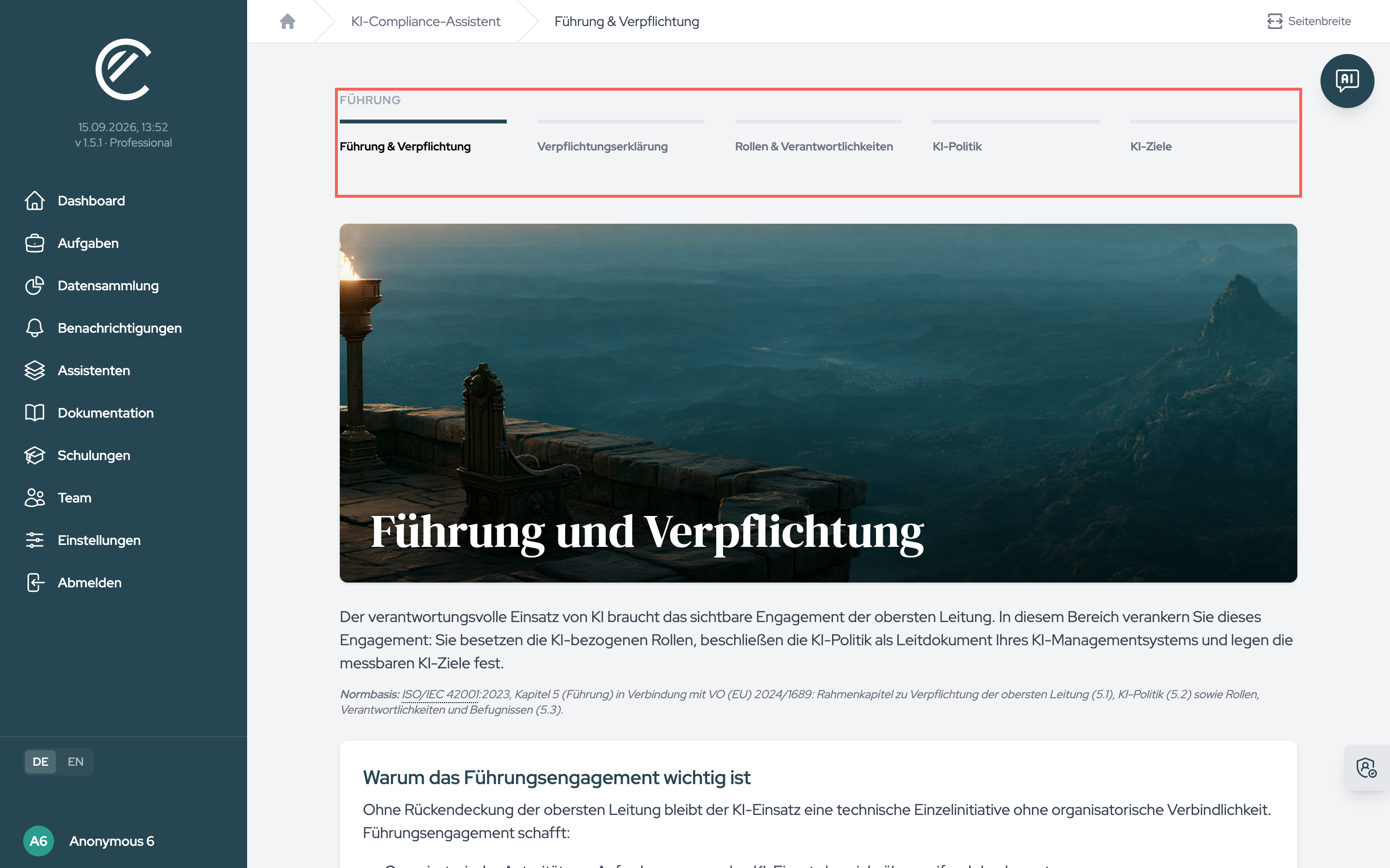 Die Fortschrittsleiste des Kapitels „Führung“ mit den fünf Schritten; jeder Schritt ist direkt anklickbar.