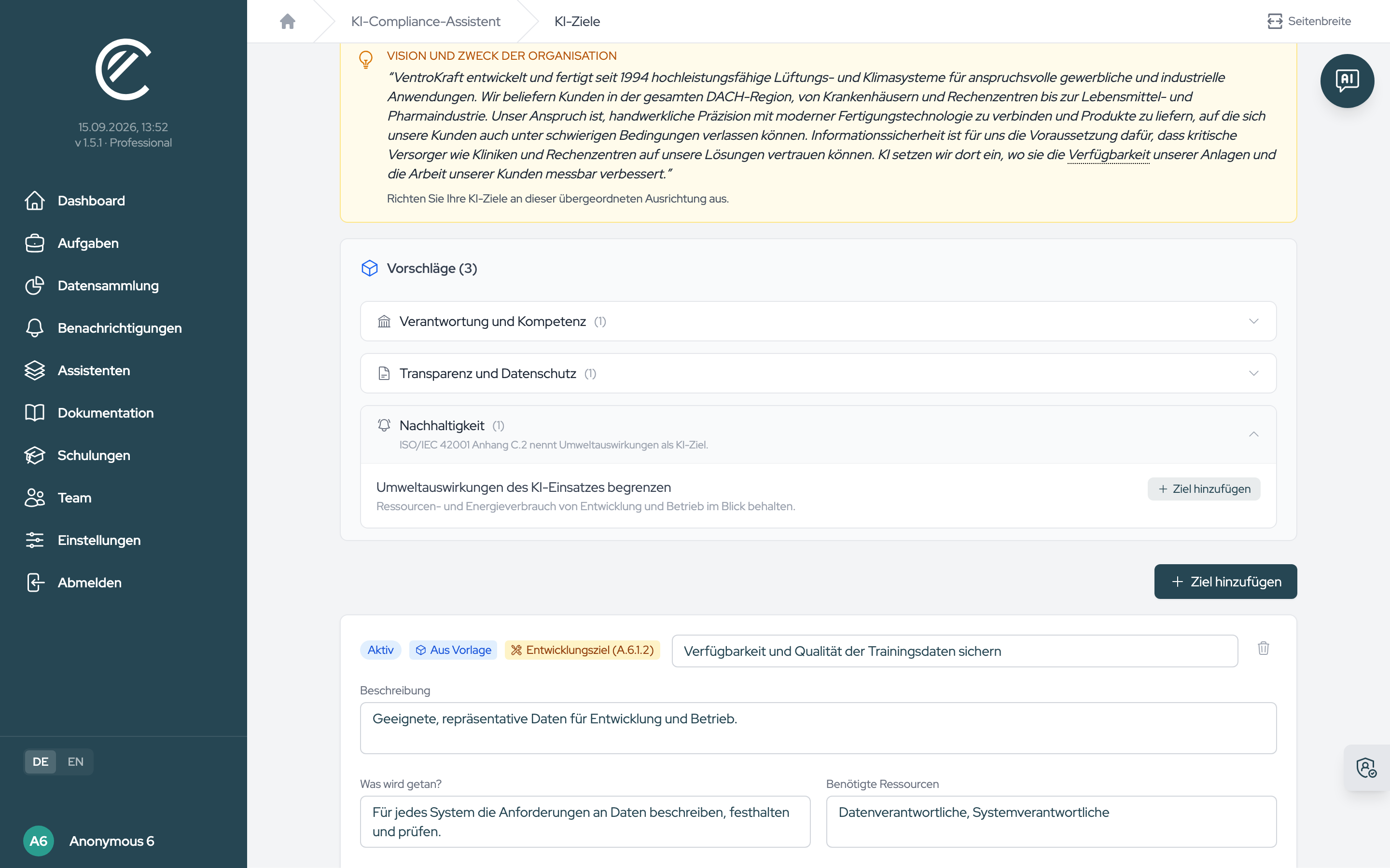 Die Vorschläge sind nach Themen gruppiert; „Ziel hinzufügen“ in der Vorschlagszeile übernimmt die Vorlage als neue Karte, und die Vorlage verschwindet danach aus der Liste.