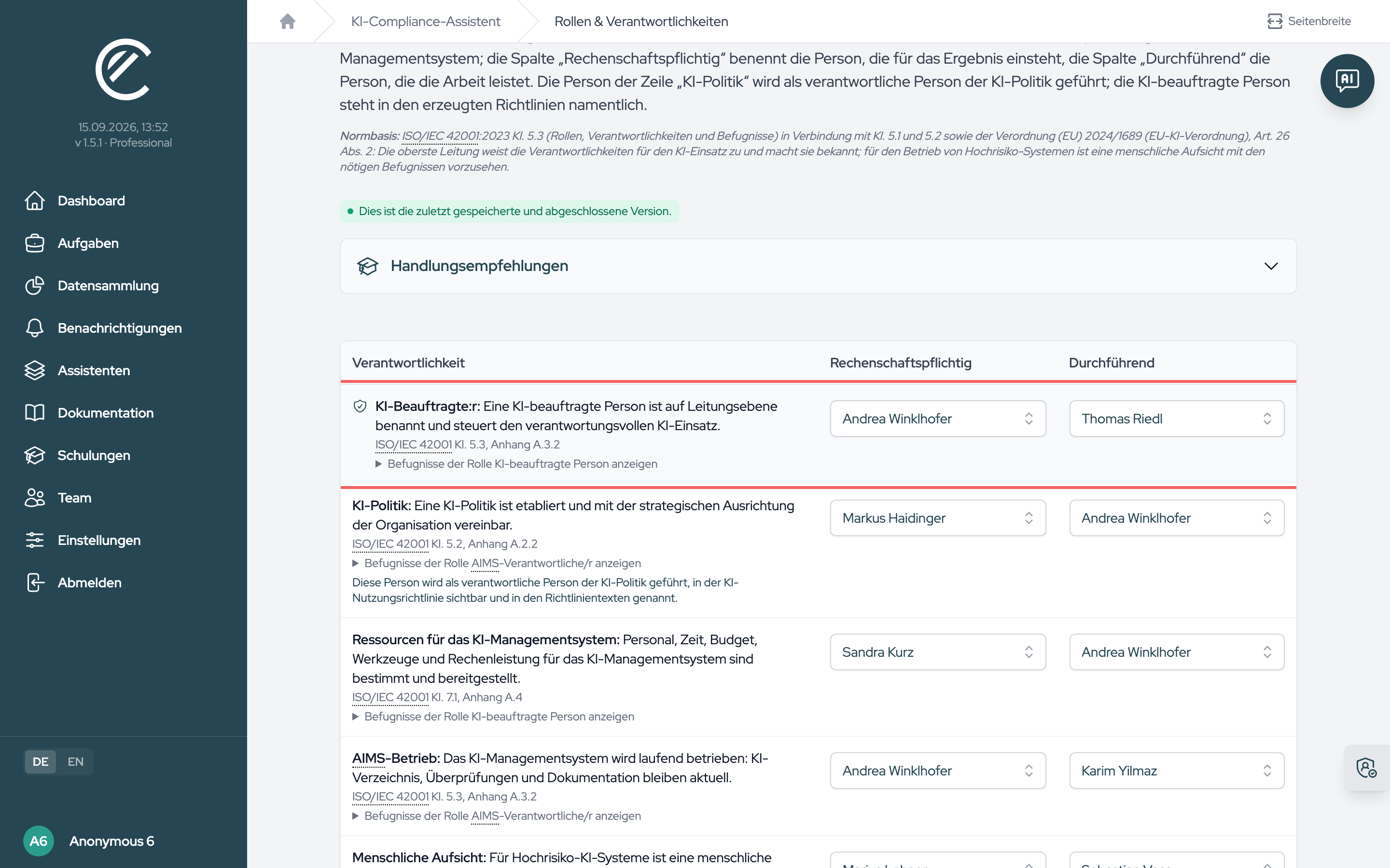 Die Zeile „KI-Beauftragte:r“ ist Pflicht; die Spalten „Rechenschaftspflichtig“ und „Durchführend“ trennen, wer für das Ergebnis einsteht und wer die Arbeit leistet.