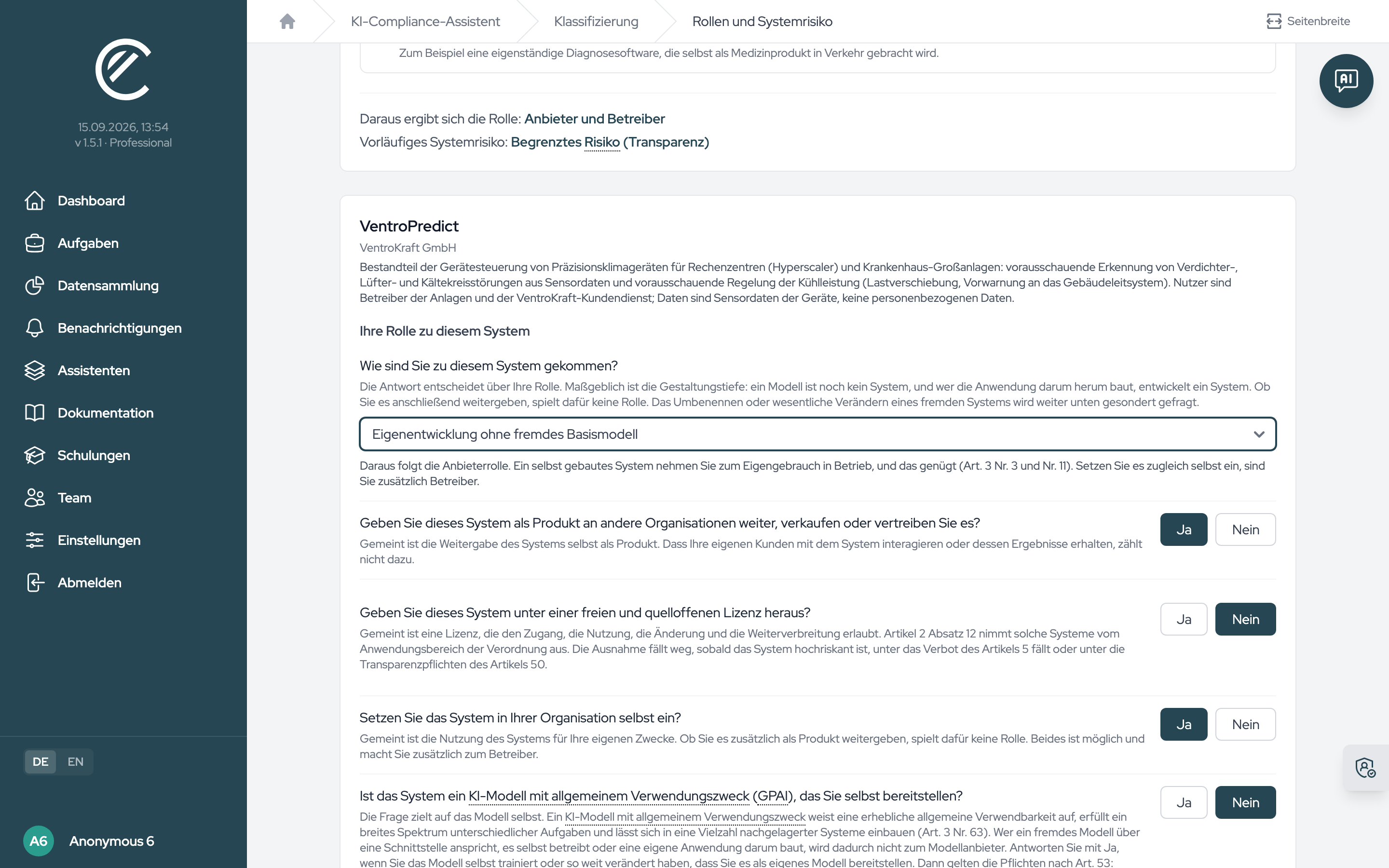 Das Auswahlfeld zur Bezugsform bestimmt die Rolle, die drei Optionen unter „Produktsicherheit“ den Weg über Anhang I. Die Rechtsakt-Auswahl erscheint nur bei einem Sicherheitsbauteil oder einem Anhang-I-Produkt.