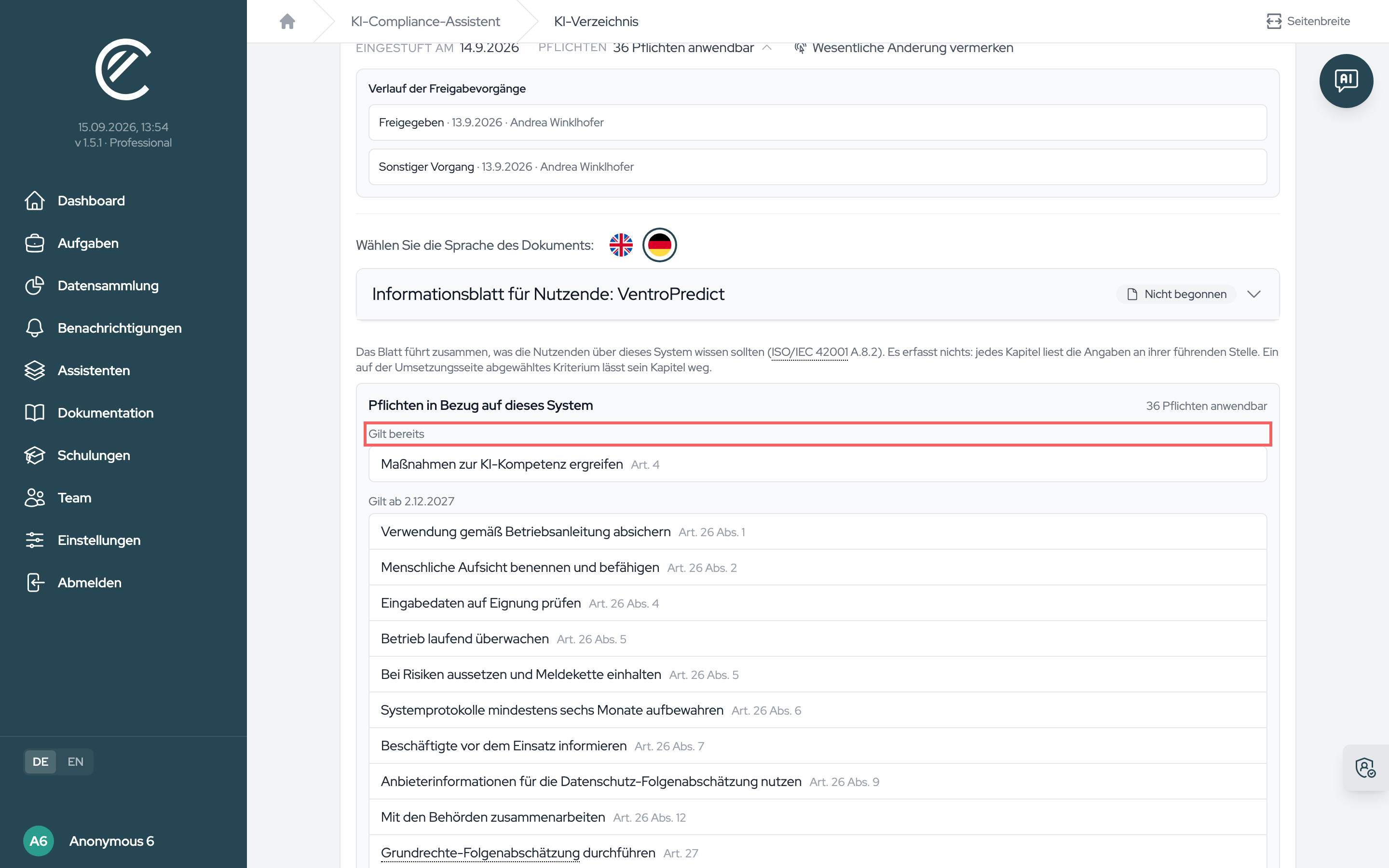 Die Pflichtenliste je System, gruppiert nach Geltungsbeginn: „Gilt bereits“ zuoberst, danach die Gruppen mit künftigem Datum. Häkchen gibt es hier keine, bearbeitet wird auf der Seite „KI-Kontrollen umsetzen“.