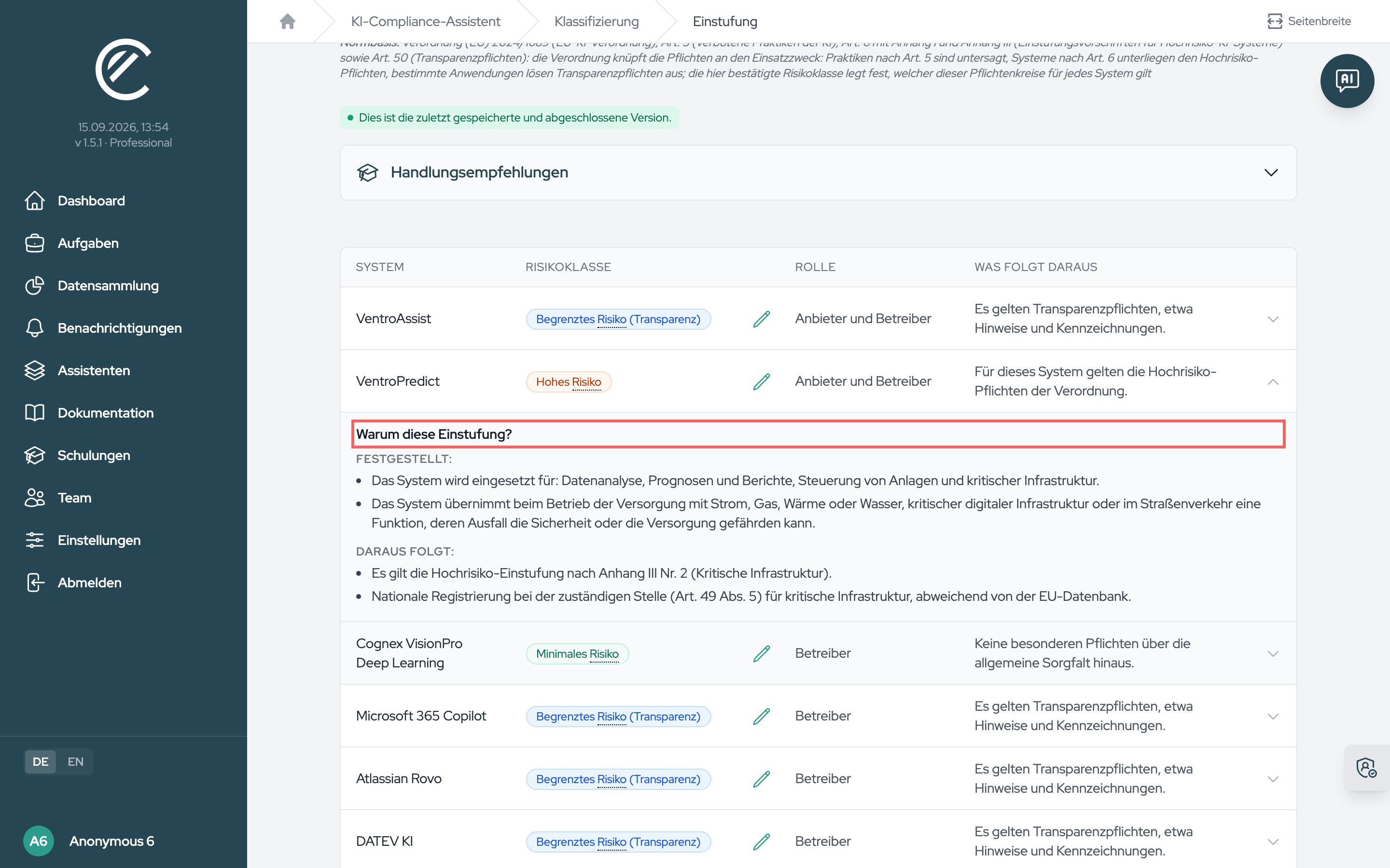 Die aufgeklappte Zeile zeigt unter „Festgestellt“ die eigenen Angaben und unter „Daraus folgt“ die Pflichten mit Normverweis.