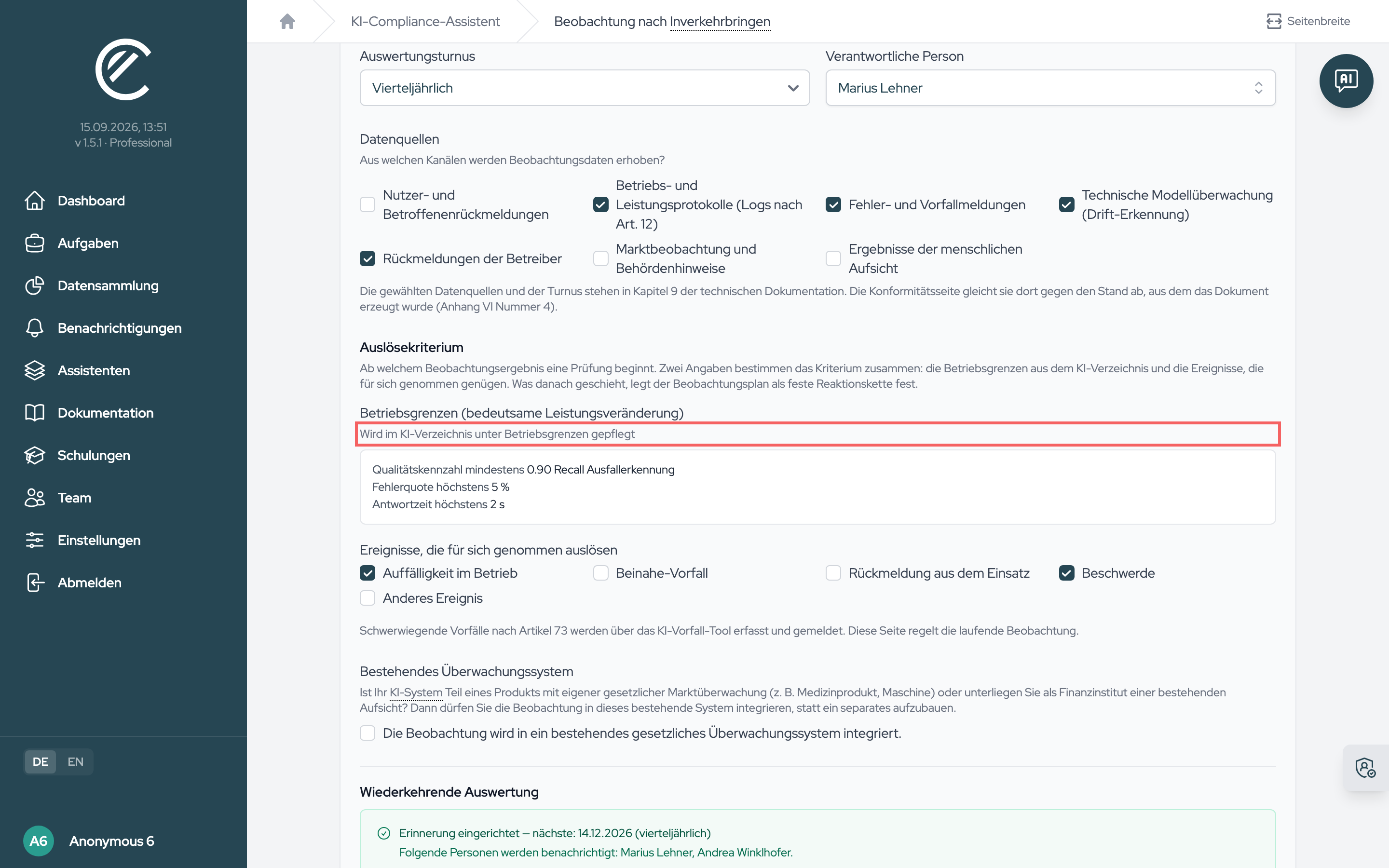 Das Auslösekriterium: Die Betriebsgrenzen aus dem KI-Verzeichnis werden nur angezeigt, die auslösenden Ereignisse kreuzen Sie hier an.