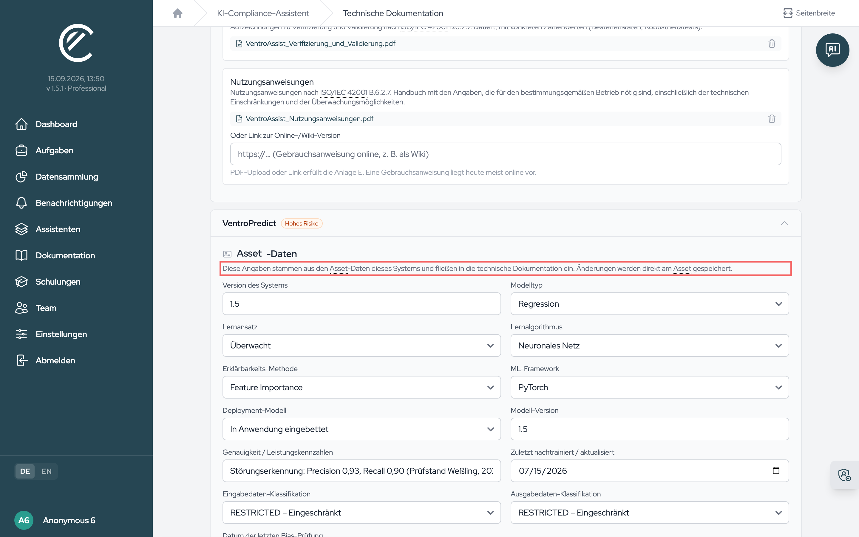 Der Block „Asset-Daten“ speichert jede Änderung direkt am Asset, unabhängig von der Fußzeile der Seite.