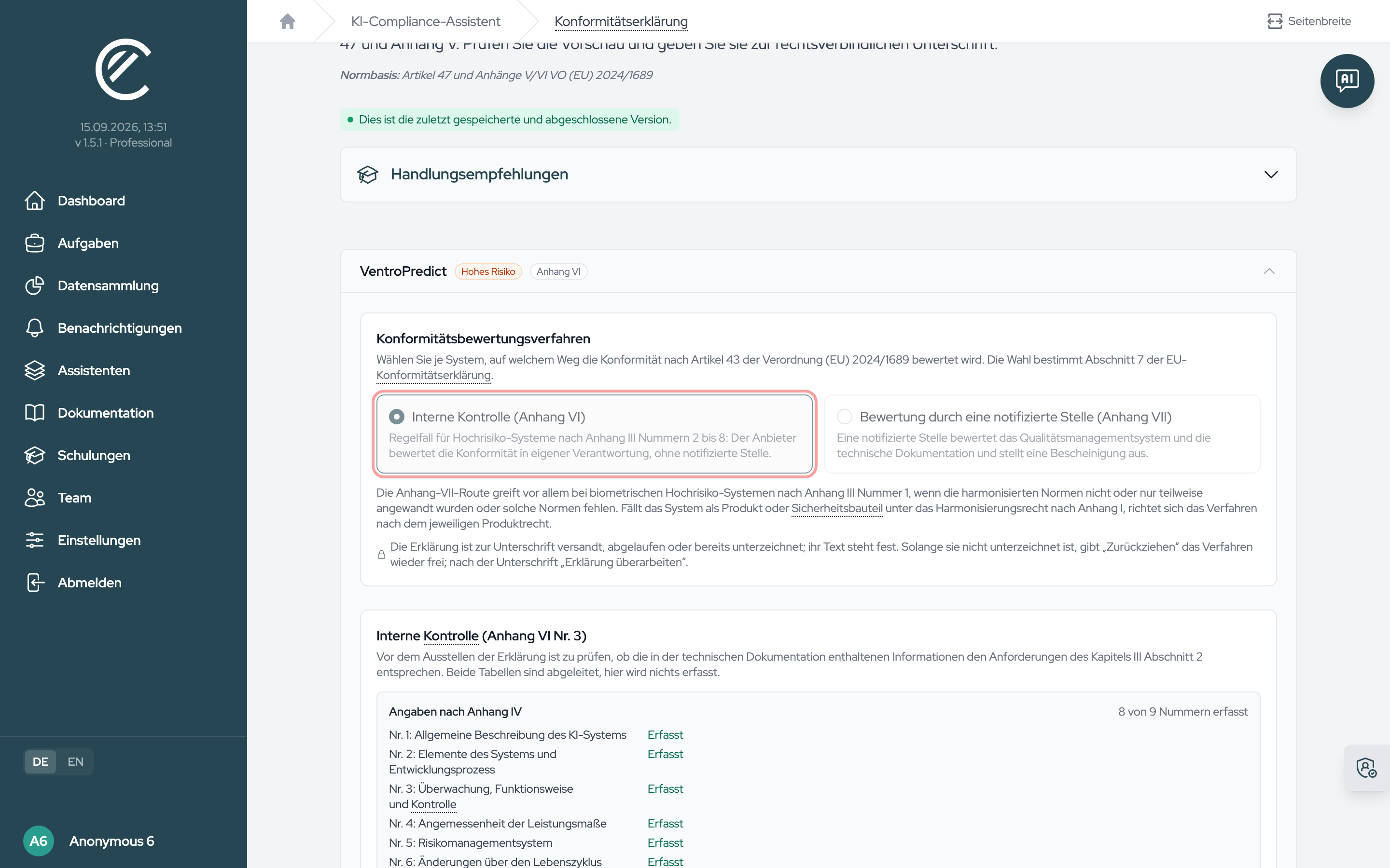 Die Verfahrensweiche „Konformitätsbewertungsverfahren“ mit den Kartenknöpfen Anhang VI und Anhang VII; nach dem Versand ist sie gesperrt.