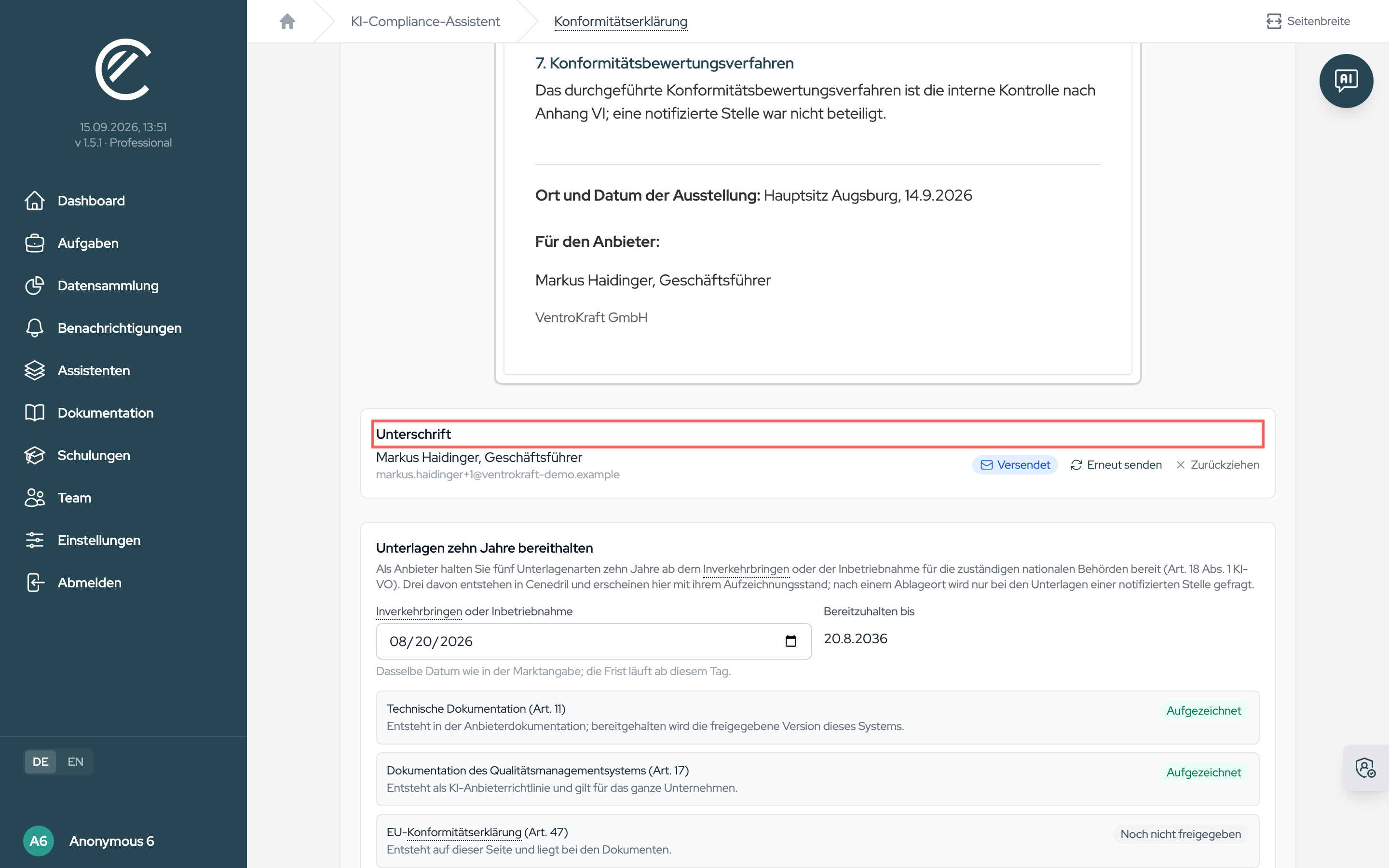 Die Vorschau der Erklärung mit gesperrter Sprachauswahl und dem Block „Unterschrift“ im Status „Versendet“ mit „Erneut senden“ und „Zurückziehen“.
