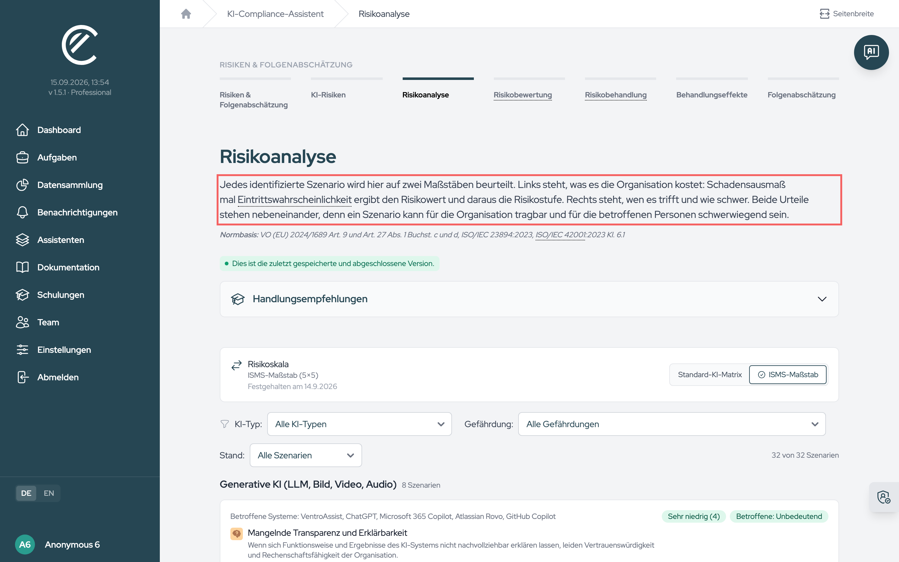 Eine Szenariokarte im ISMS-Maßstab: links „Für die Organisation“ mit Schadensdimensionen, Gefährdungswahrscheinlichkeit und Regler, rechts „Für die betroffenen Personen“ mit Art der Schädigung und Schwere. Die Eintrittswahrscheinlichkeit wird berechnet.