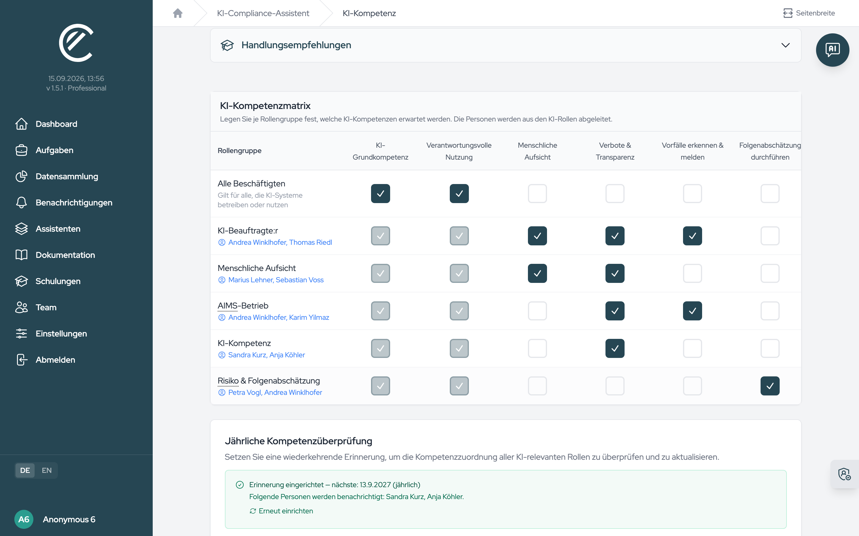 Die KI-Kompetenzmatrix mit den Personen aus den KI-Rollen unter den Rollengruppen; blasse Zellen sind über „Alle Beschäftigten“ vererbt.