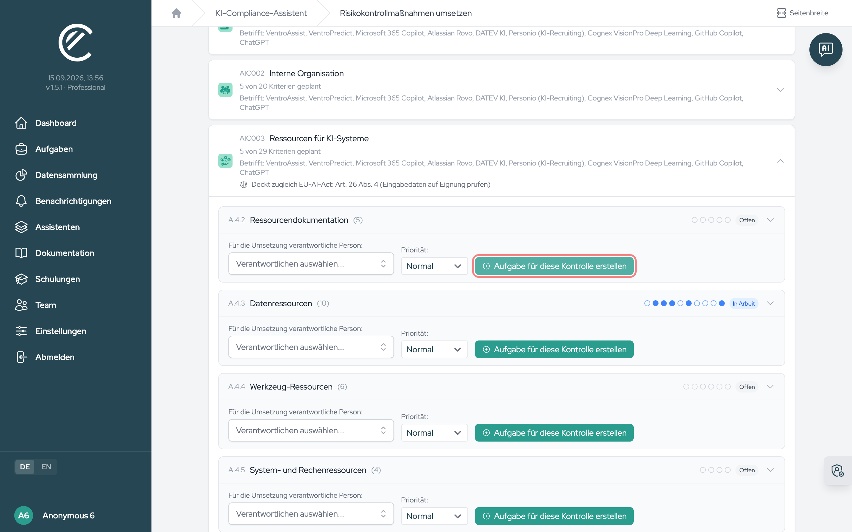 Eine Gruppe ohne Aufgabe: verantwortliche Person und Priorität stehen vor dem Klick auf „Aufgabe für diese Kontrolle erstellen“.