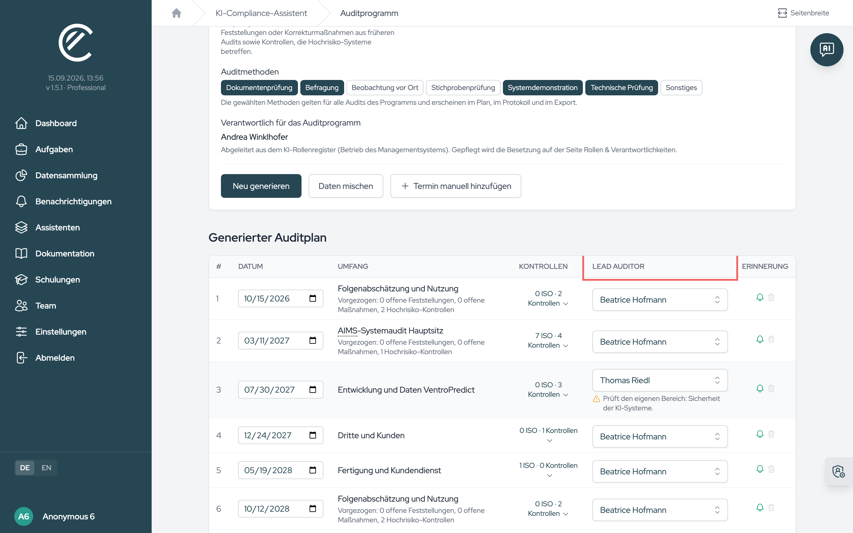 Der generierte Auditplan: In der Spalte „Lead Auditor“ besetzen Sie jede Zeile, über die Glocke setzen Sie eine Erinnerung je Termin.