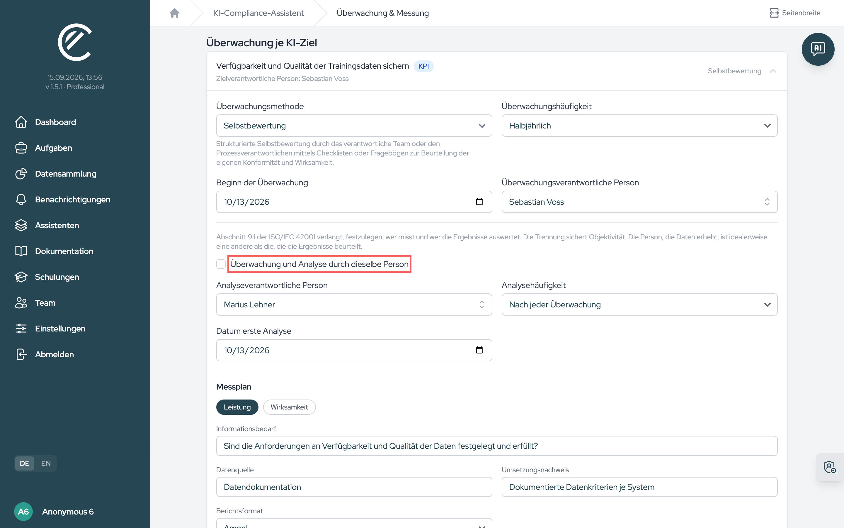 Die geöffnete Zielkarte mit Überwachung, Analyse und Messplan. Das Häkchen „Überwachung und Analyse durch dieselbe Person“ blendet das Feld für die analysierende Person ein oder aus.