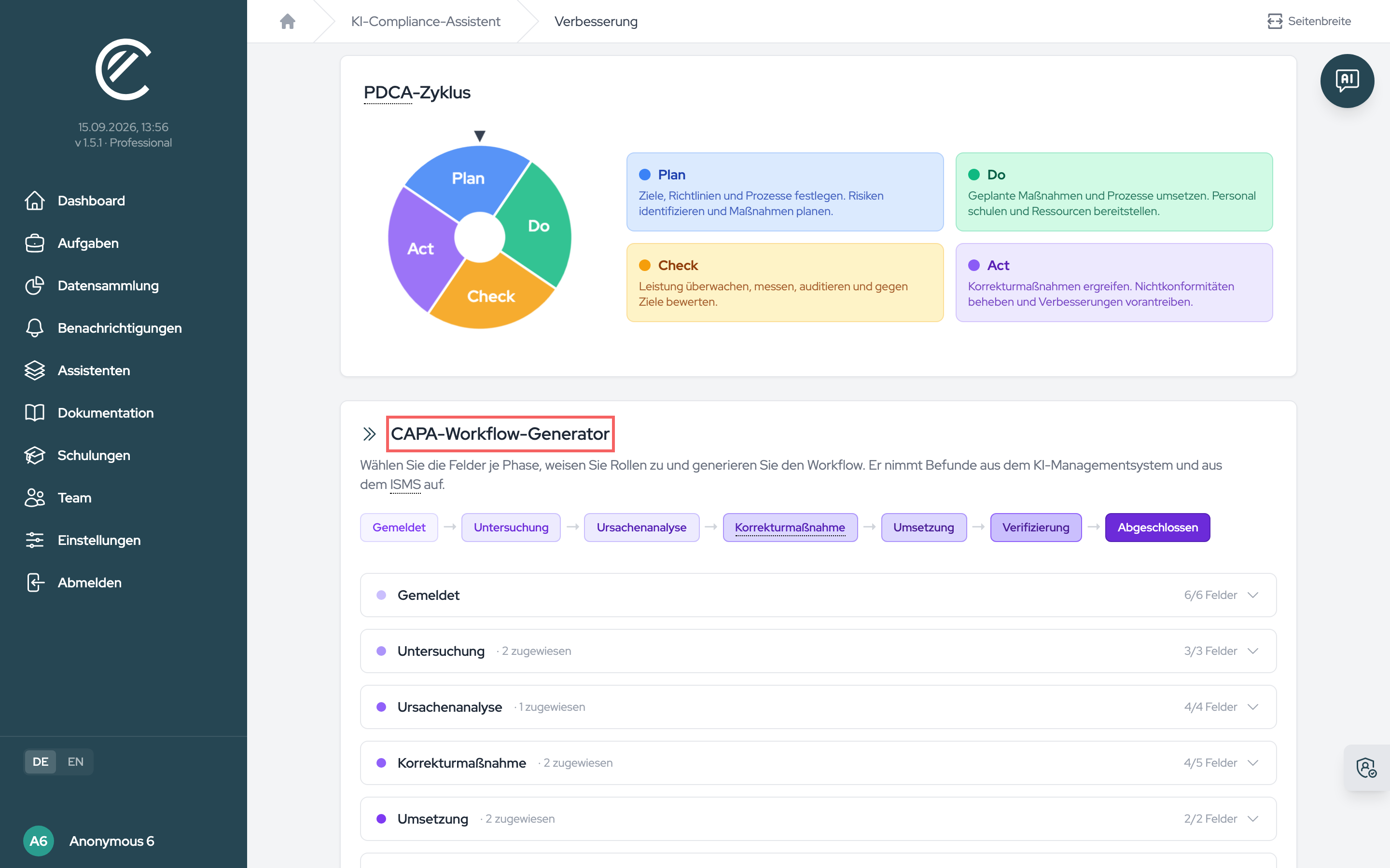 Der CAPA-Workflow-Generator. Führt das ISMS den Pool schon, zeigt ein blauer Hinweis „Bestehender CAPA-Ticket-Pool übernommen“ die Herkunft; „Neu generieren“ schreibt die Auswahl dieser Seite in denselben Workflow.