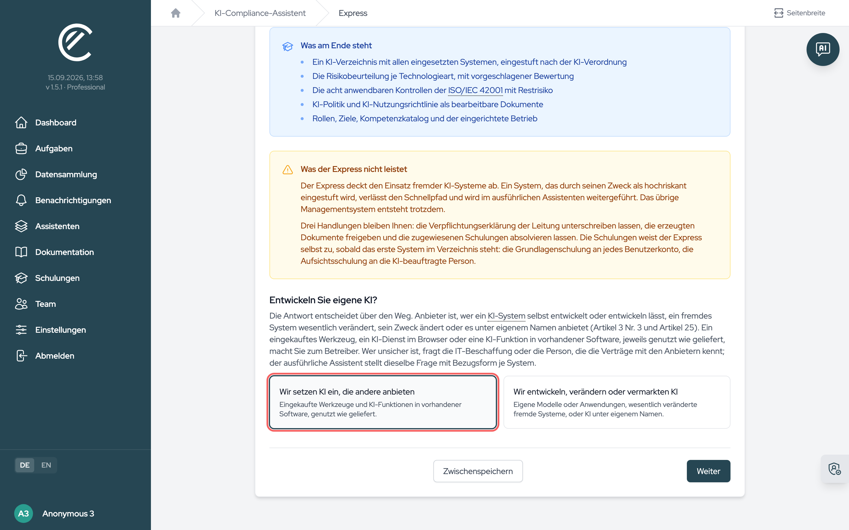 Der Betreiber-Check in Schritt 1: die linke Kachel führt in den Express, die rechte in den ausführlichen Assistenten.