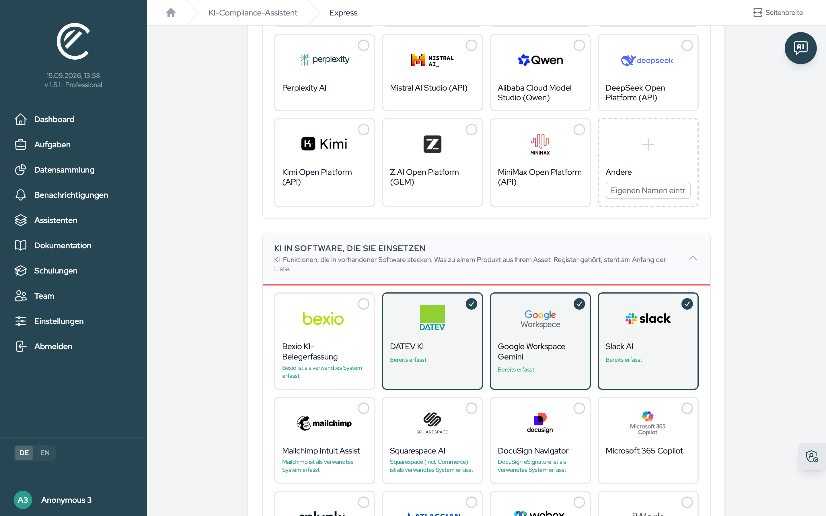 Eingebettete KI-Funktionen liegen hinter der Klappfläche „KI in Software, die Sie einsetzen“; das Abzeichen zeigt, dass das Grundprodukt im Asset-Register steht.