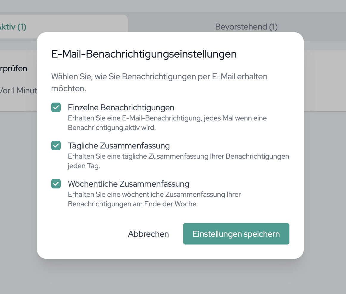 The three email delivery options: individual alerts, daily summary, and weekly summary.