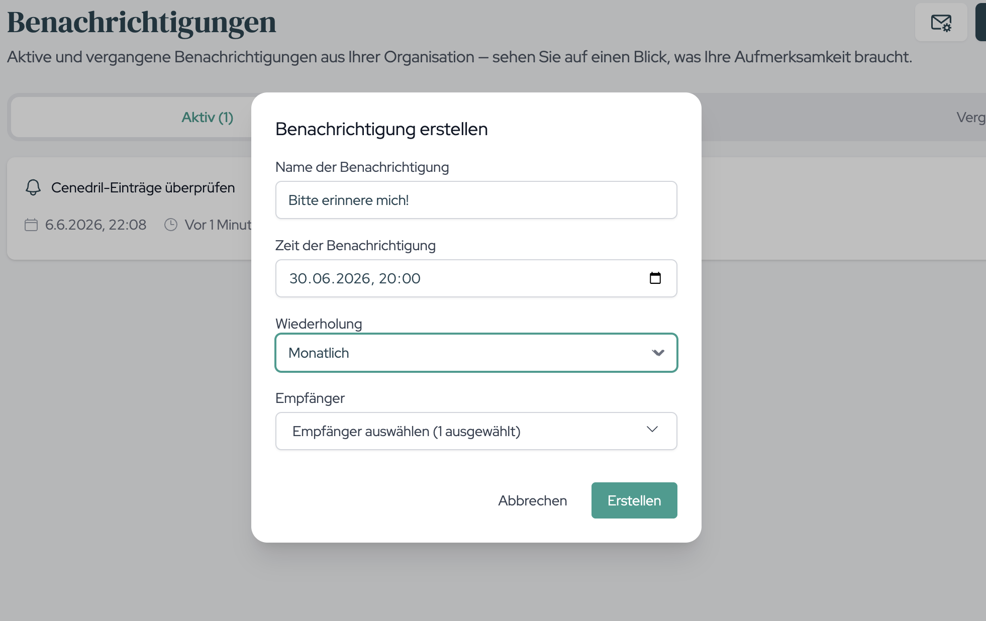 Der Dialog mit Name, Zeitpunkt, Wiederholung und Empfänger-Auswahl.