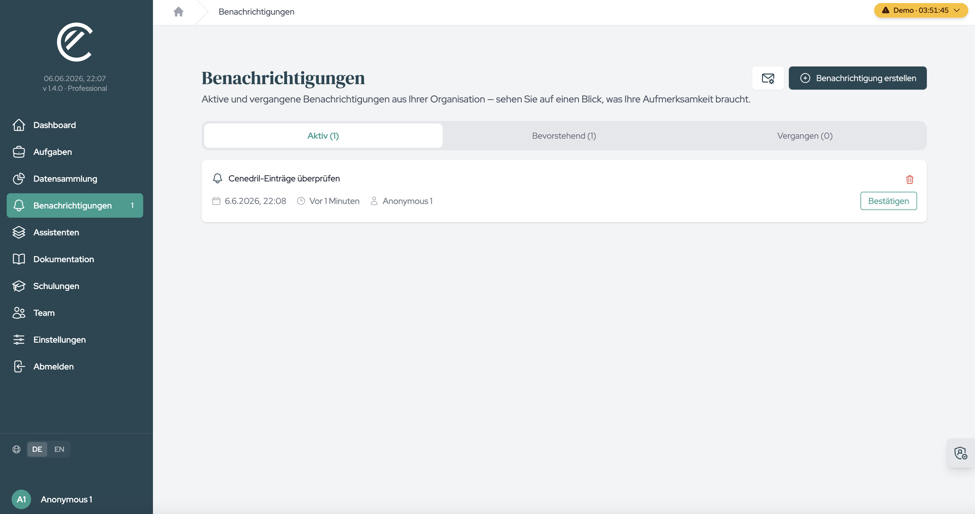 Die Benachrichtigungen-Seite mit den Reitern „Aktiv“, „Bevorstehend“ und „Vergangen“ sowie der Schaltfläche „Benachrichtigung erstellen“.