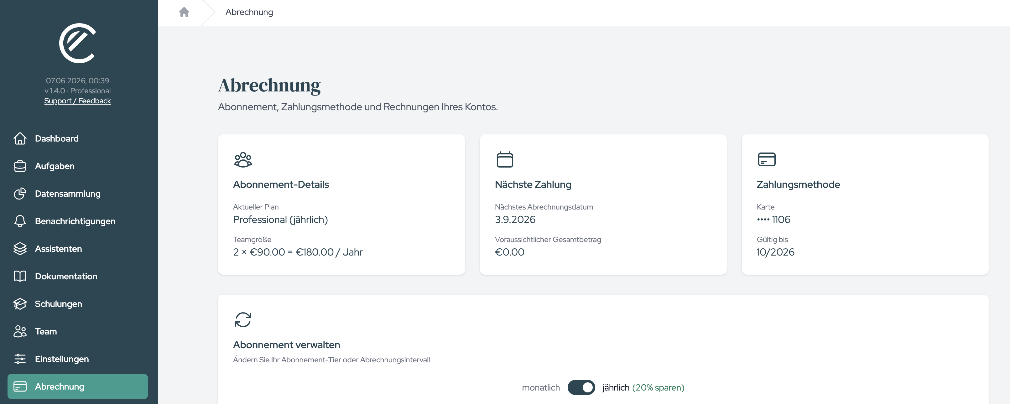 Die Abrechnungsseite mit den drei Karten „Abonnement-Details“, „Nächste Zahlung“ und „Zahlungsmethode“.