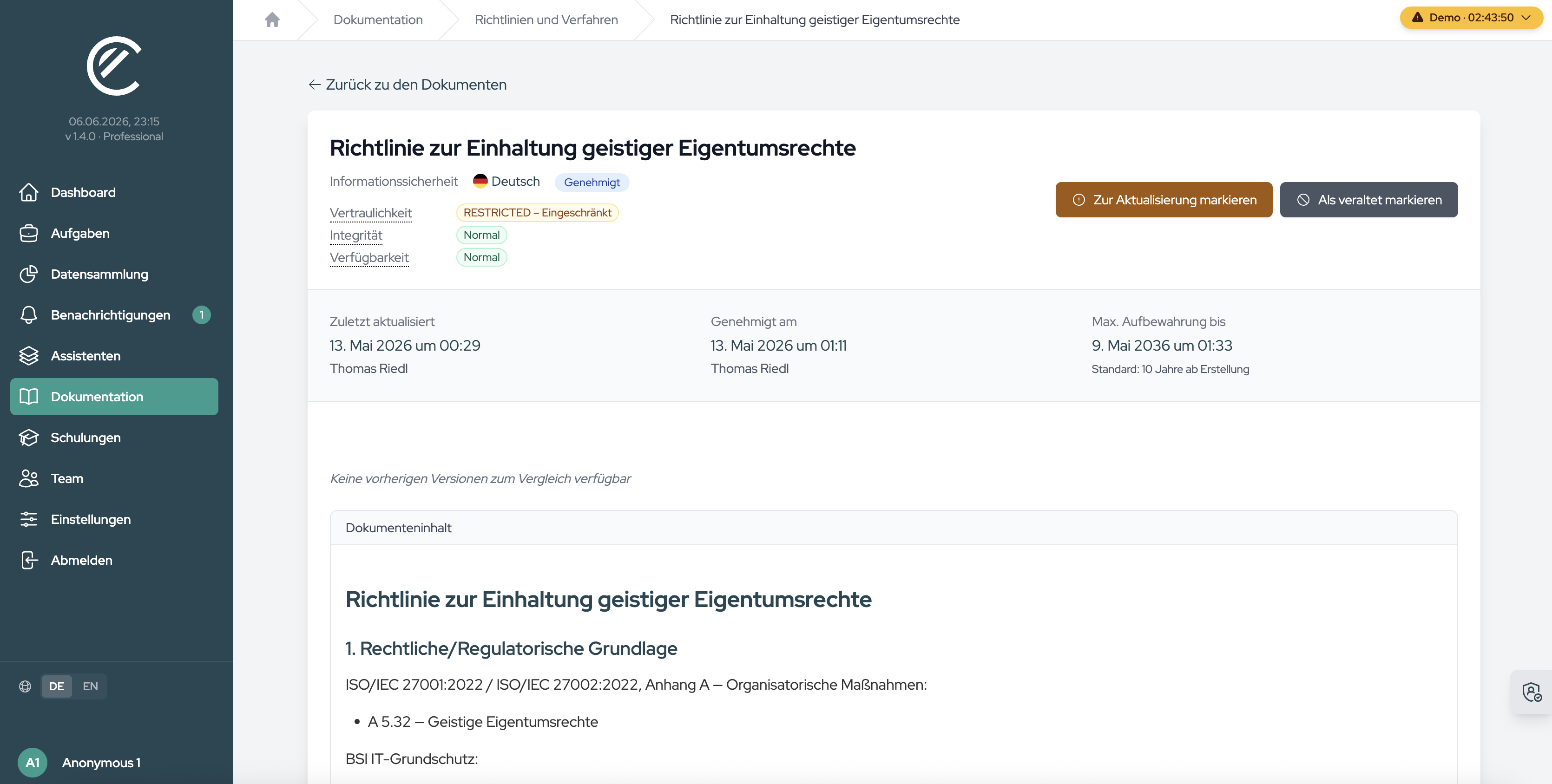 Die Detailseite mit Status, Aufbewahrungsangabe, den Steuer-Schaltflächen und dem Dokumenteninhalt.