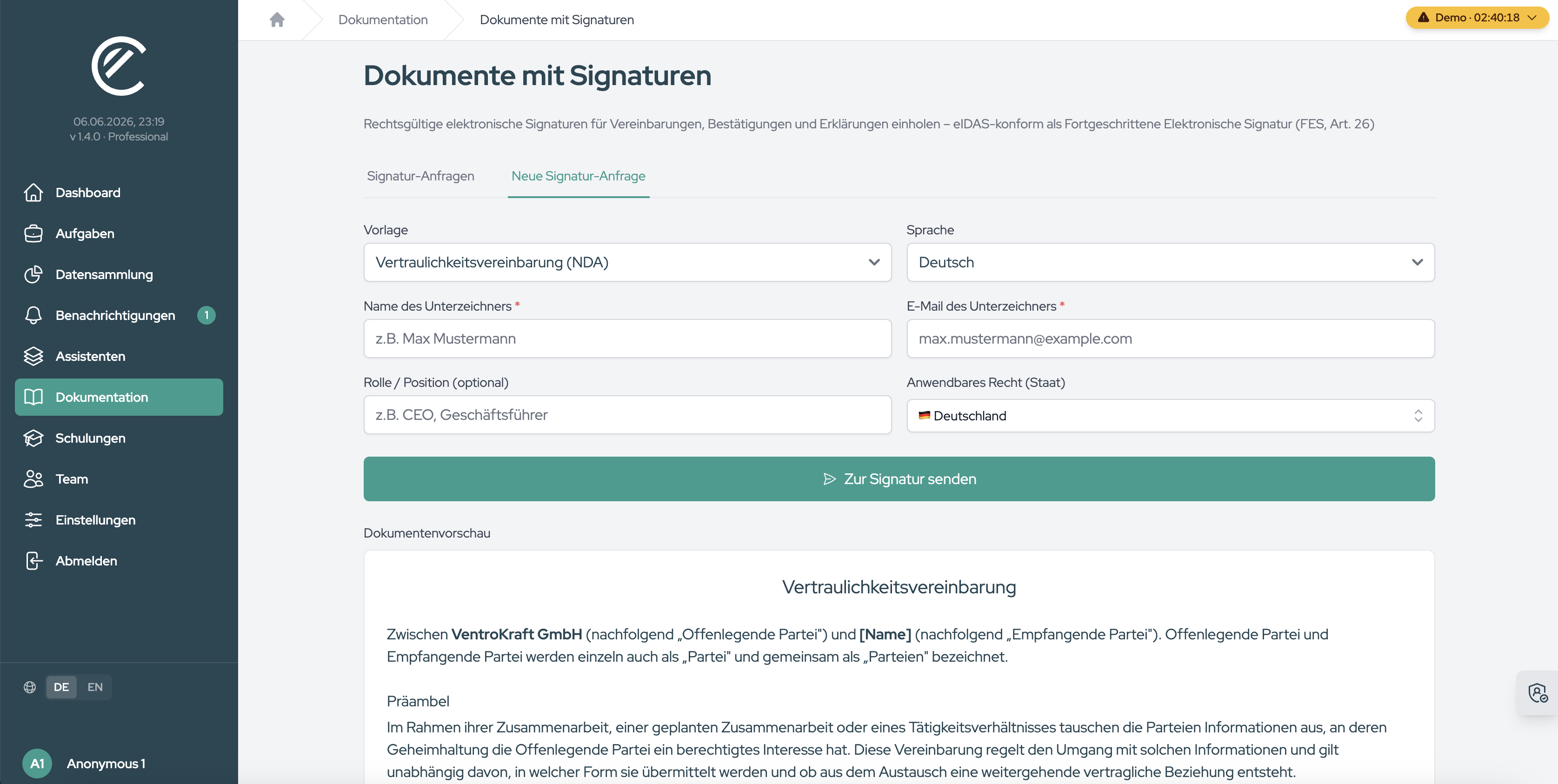 The form with template, language, signer details and – for the NDA – the governing law.