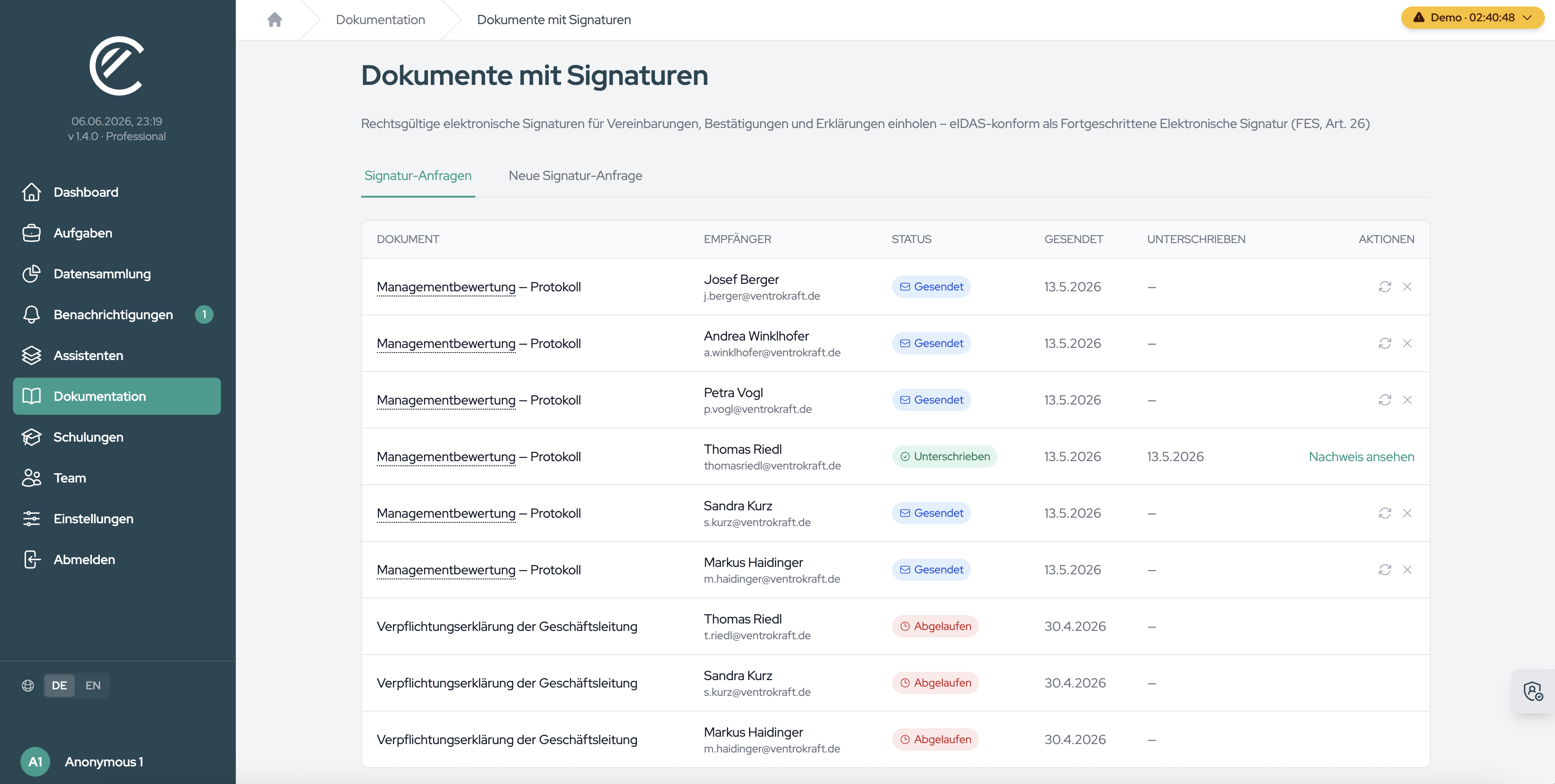 The Signatures page with the “Signature requests” and “New signature request” tabs.