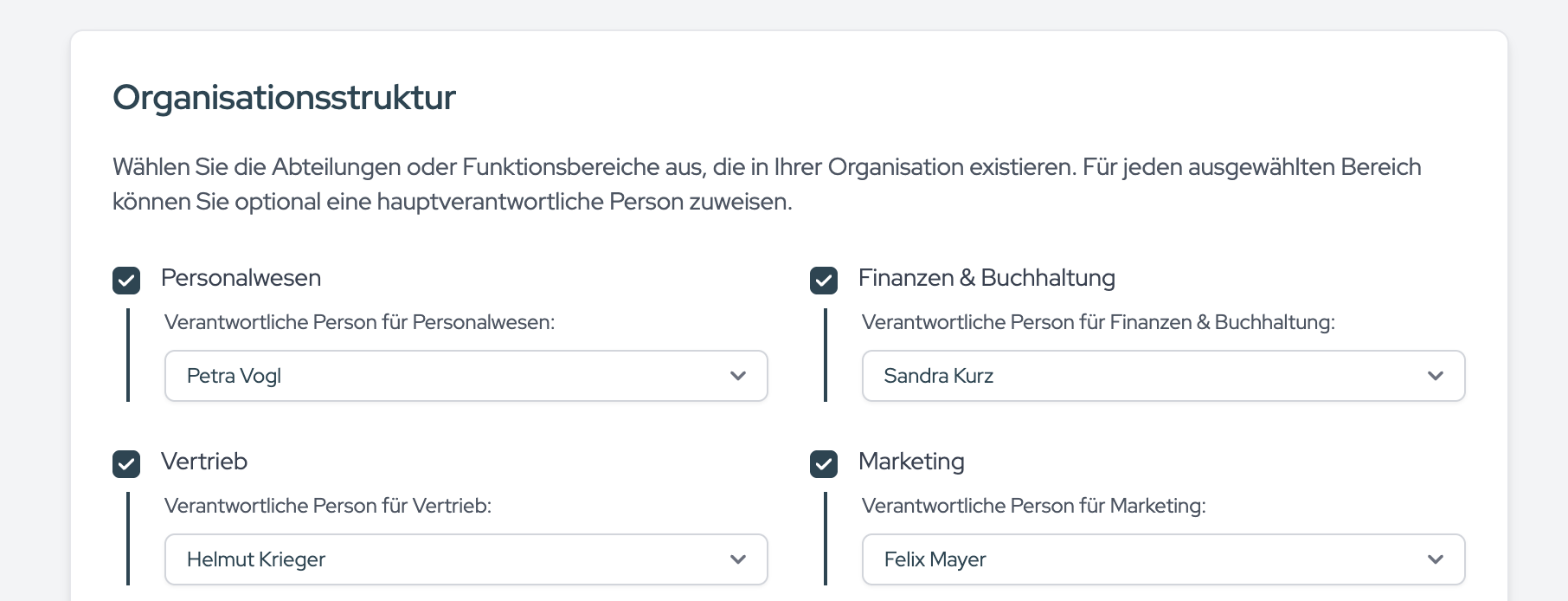 Selecting departments with an optional primary responsible person.
