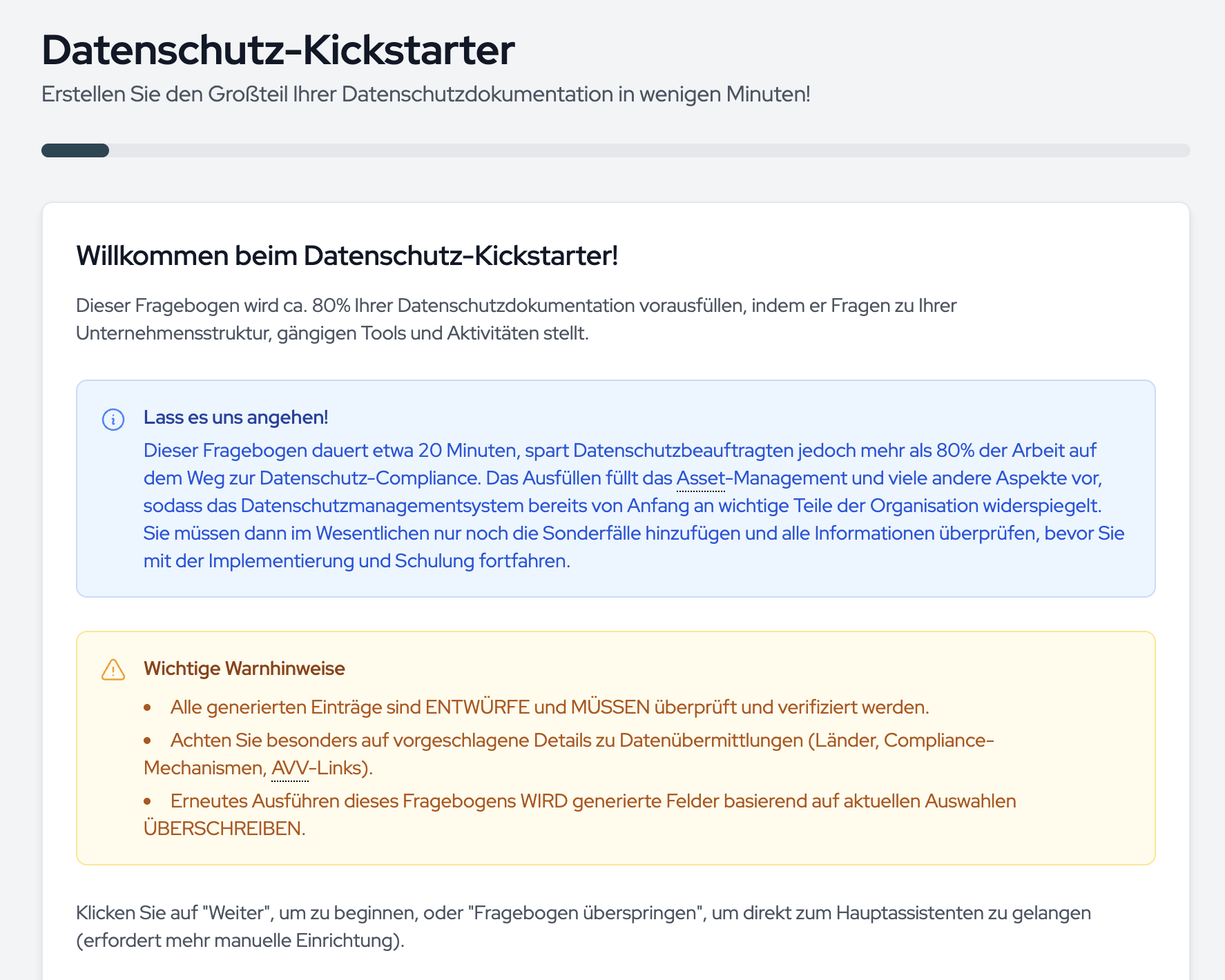 The start page of the data protection kickstarter with the progress bar and the notes about the generated drafts.