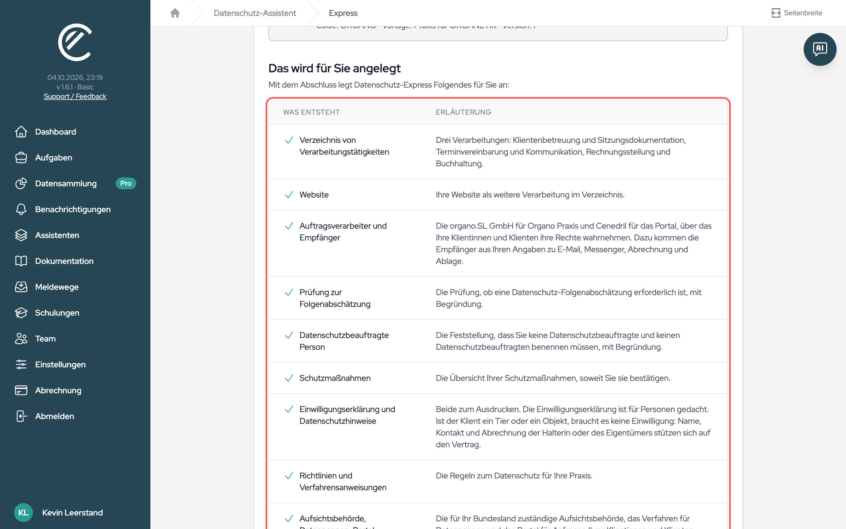 Nach dem Laden der Vorlage: was Datenschutz-Express für Sie anlegt.