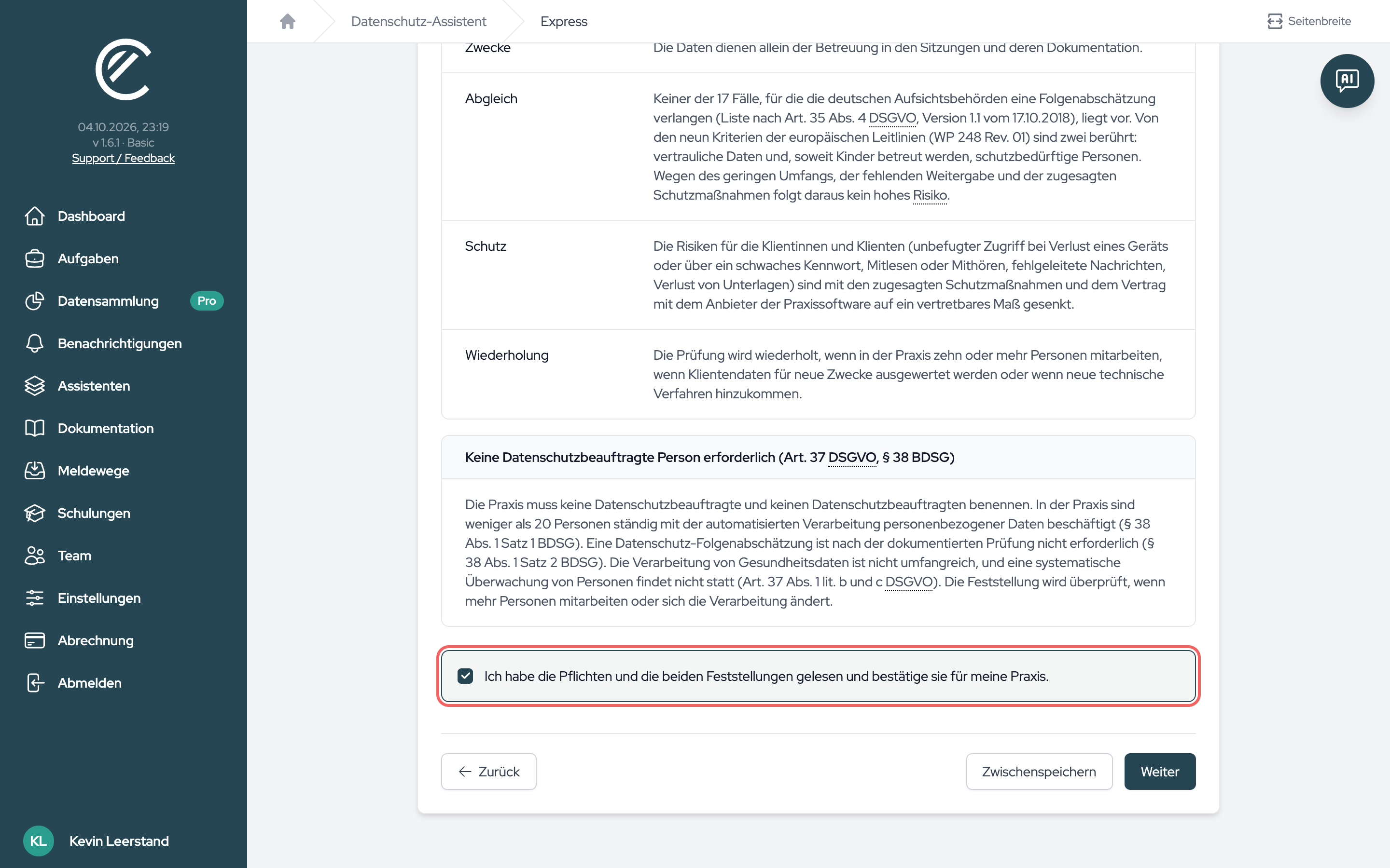 Der Schritt „Pflichten“ mit der Bestätigung am Ende.