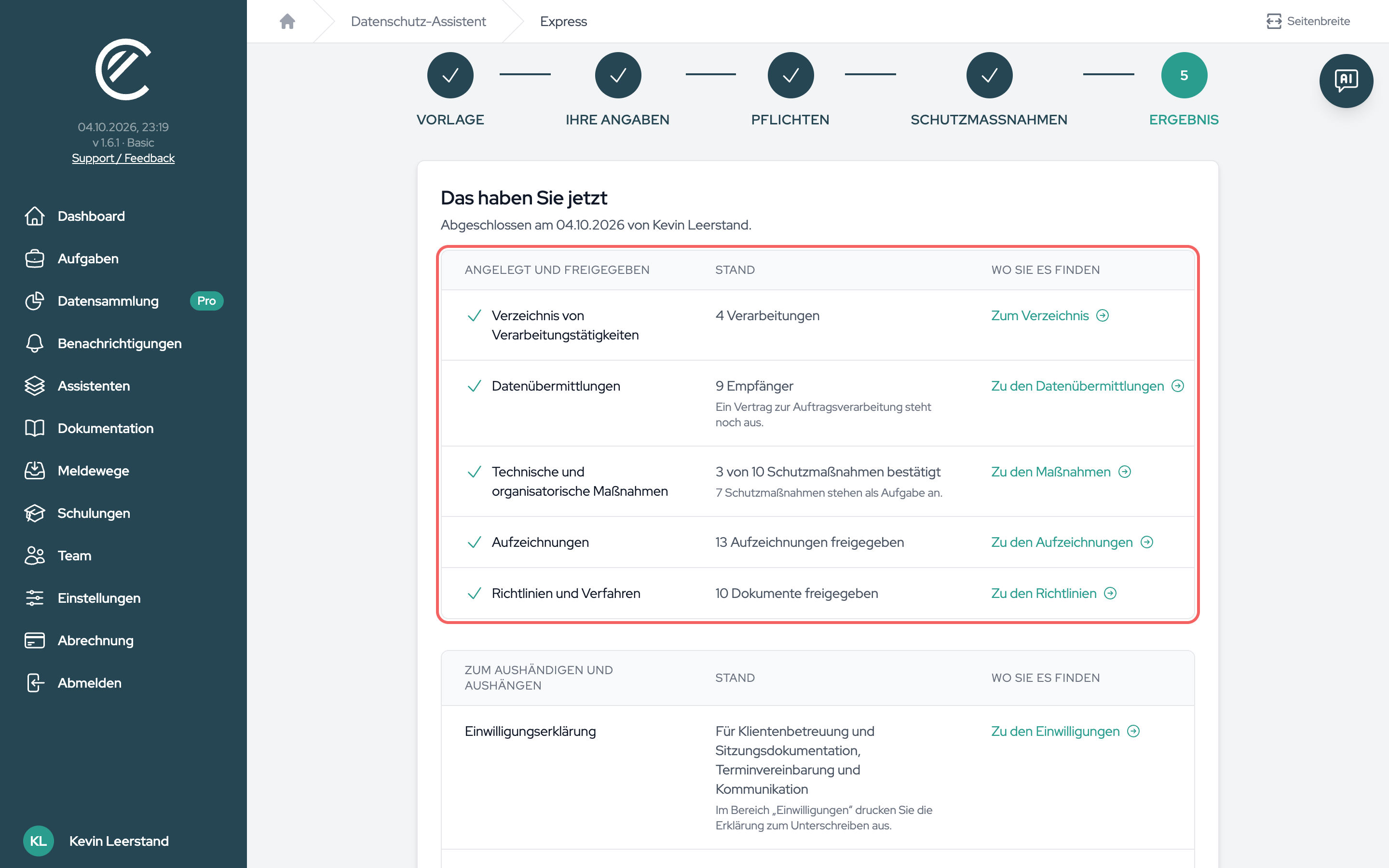 Der Schritt „Ergebnis“: was angelegt ist, was Sie aushändigen und welche Aufgaben offen sind.