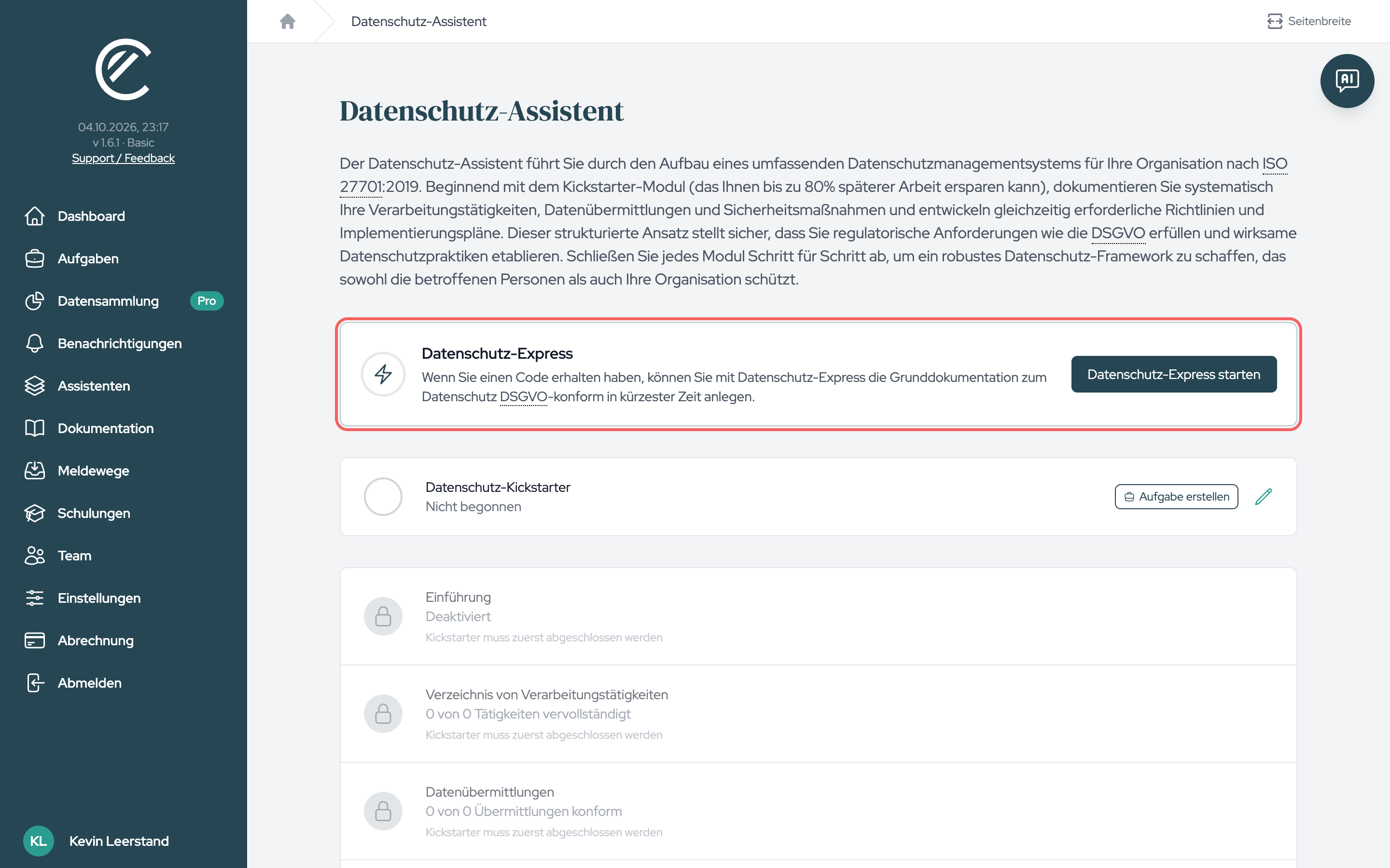 Die Karte „Datenschutz-Express“ in der Übersicht des Datenschutz-Assistenten.