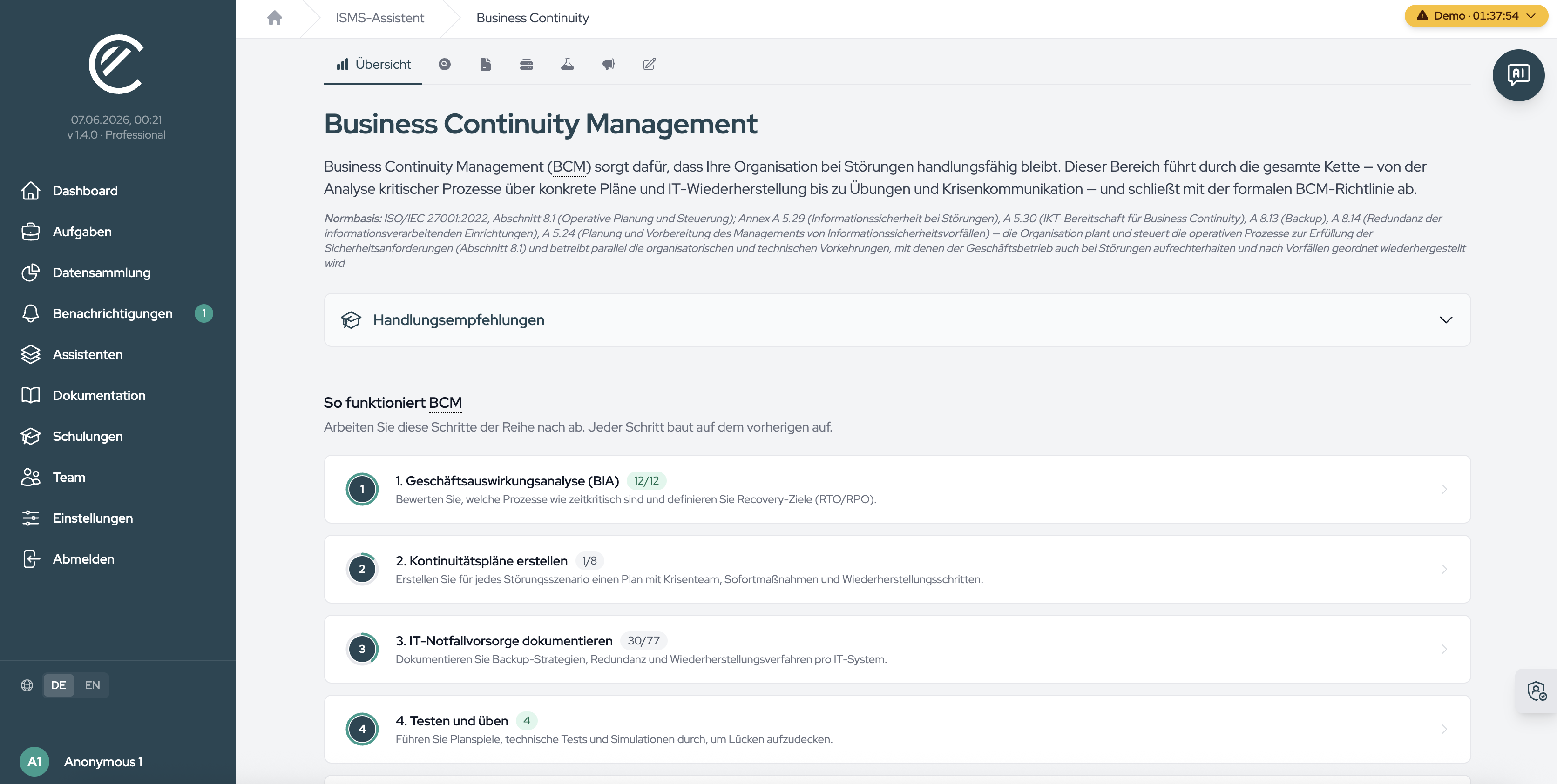 The BCM overview with the steps from Business Impact Analysis through to crisis communication and the closing policy.