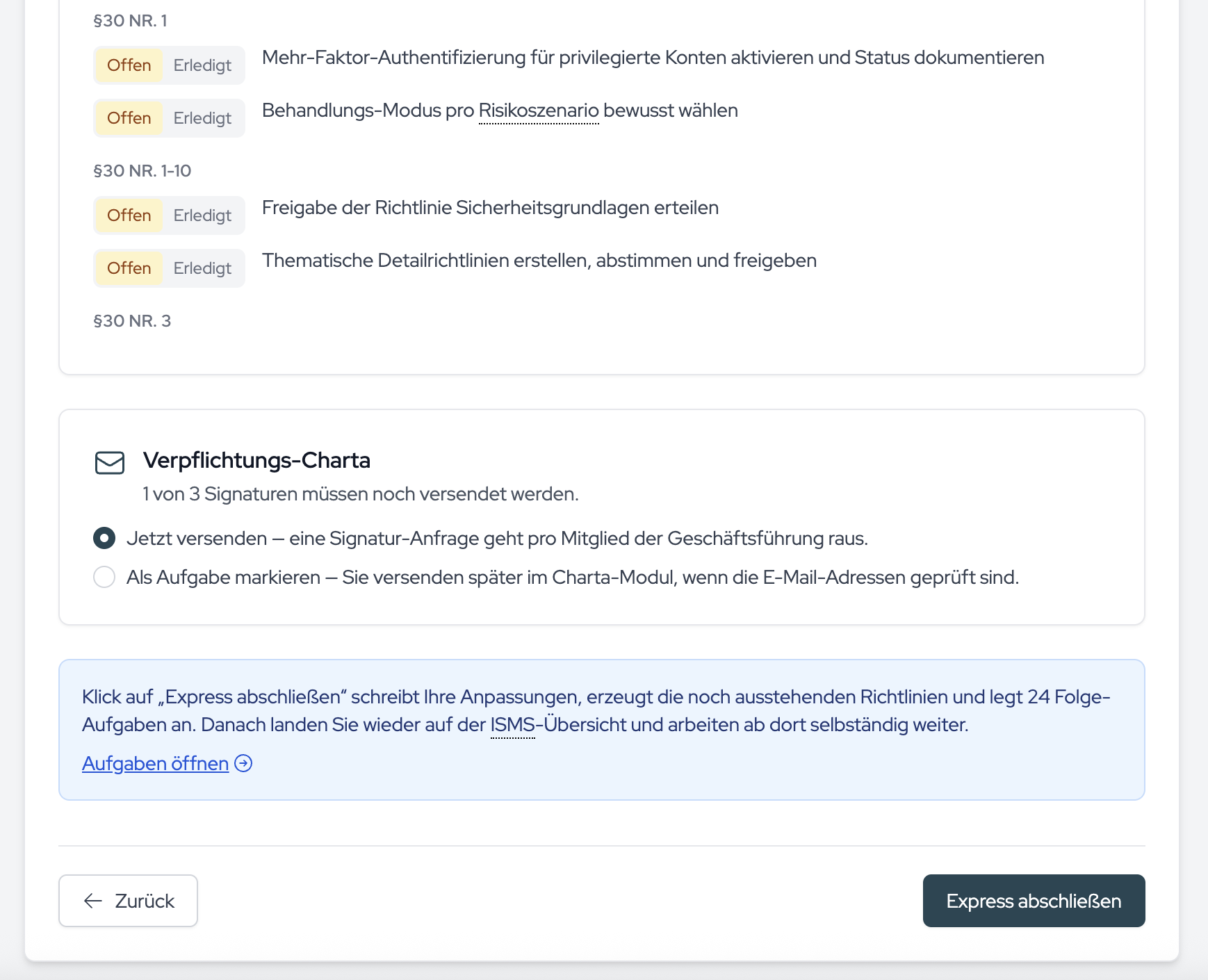 The wrap-up shows the generated mandatory documents and the follow-up tasks before you click “Finalize Express”.