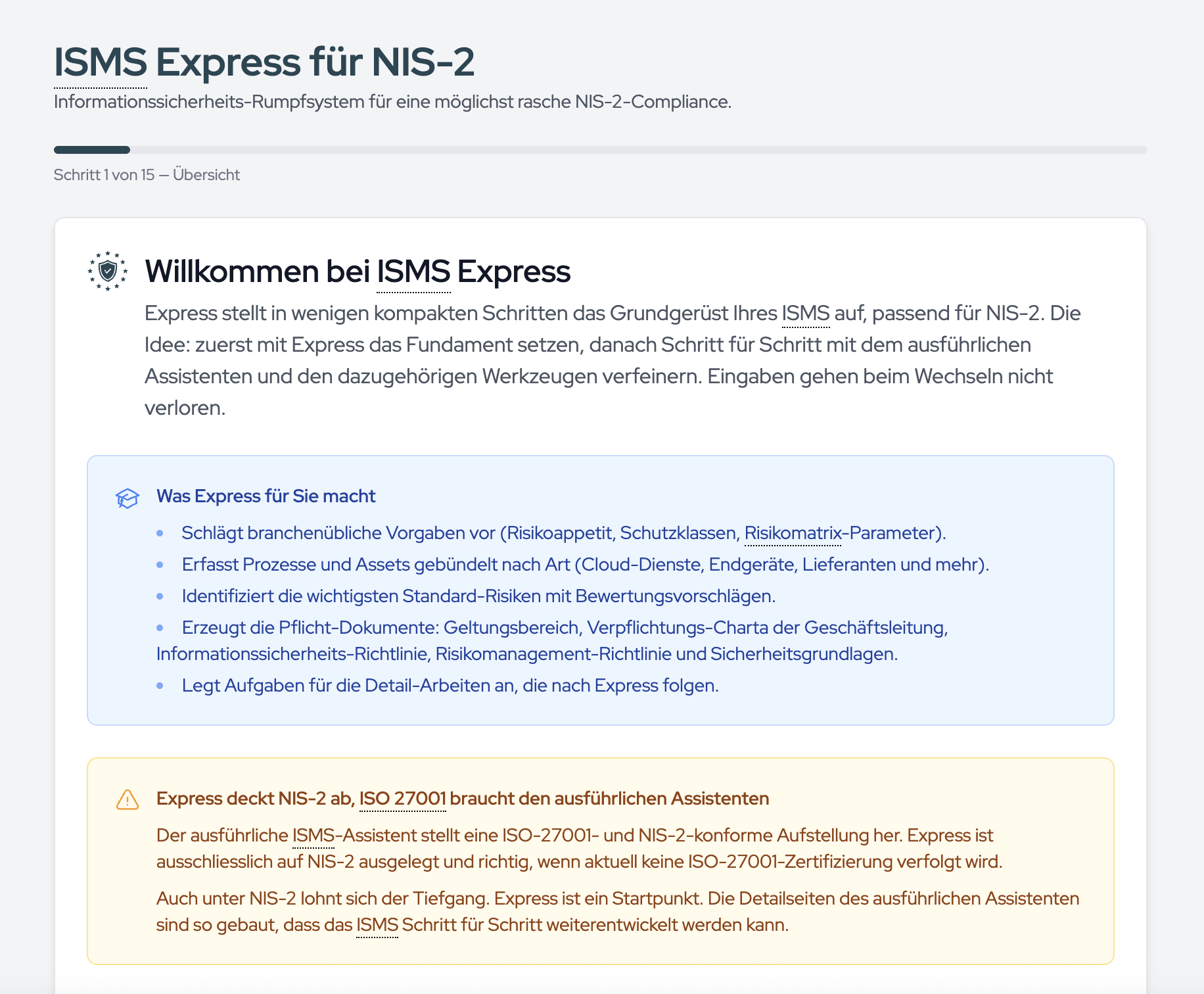 The entry point to ISMS Express, with the “What Express does for you” overview and the NIS-2 note.