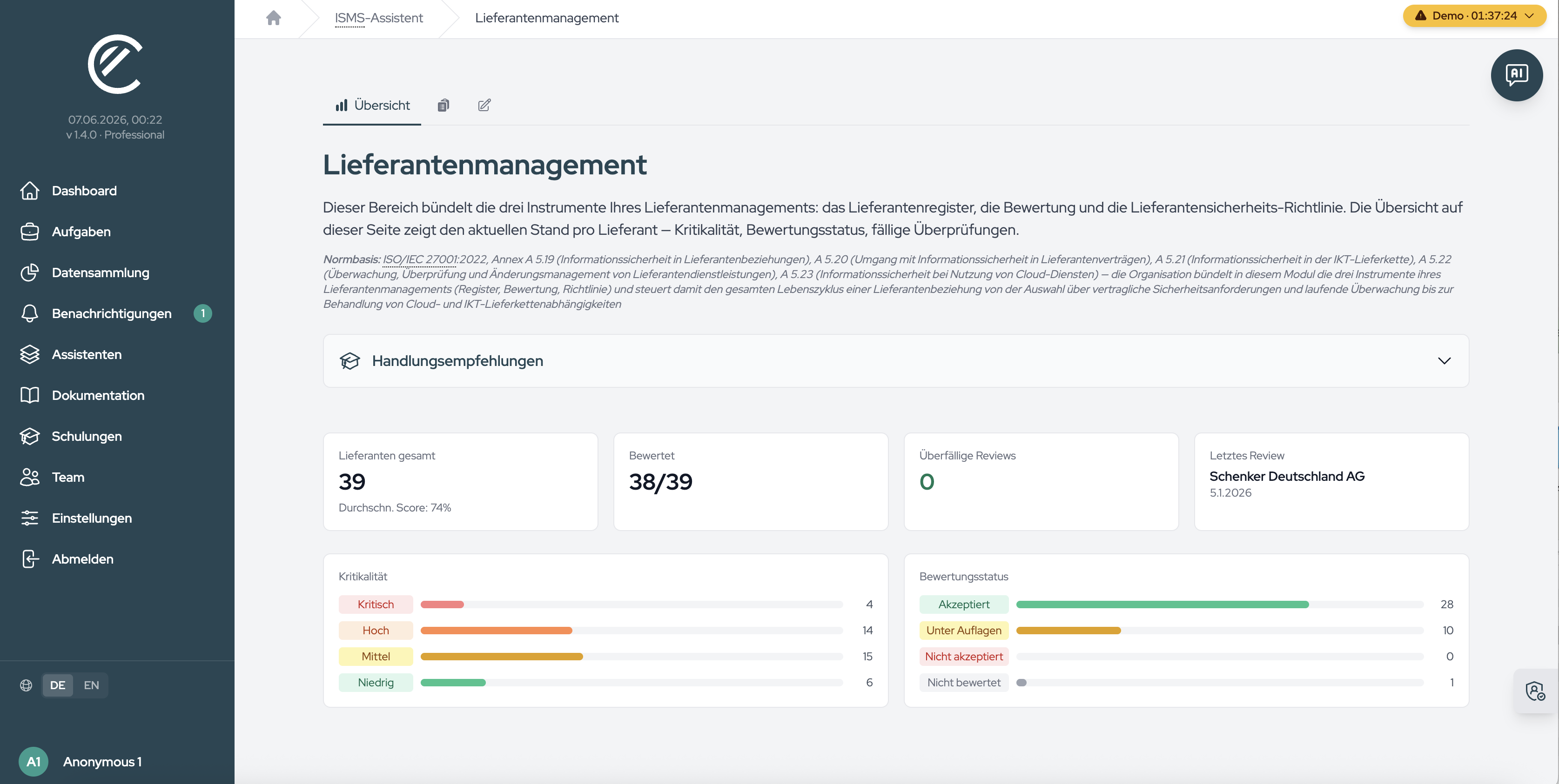 The supplier overview with metrics on count, assessment, and overdue reviews, plus the distributions by criticality and assessment.