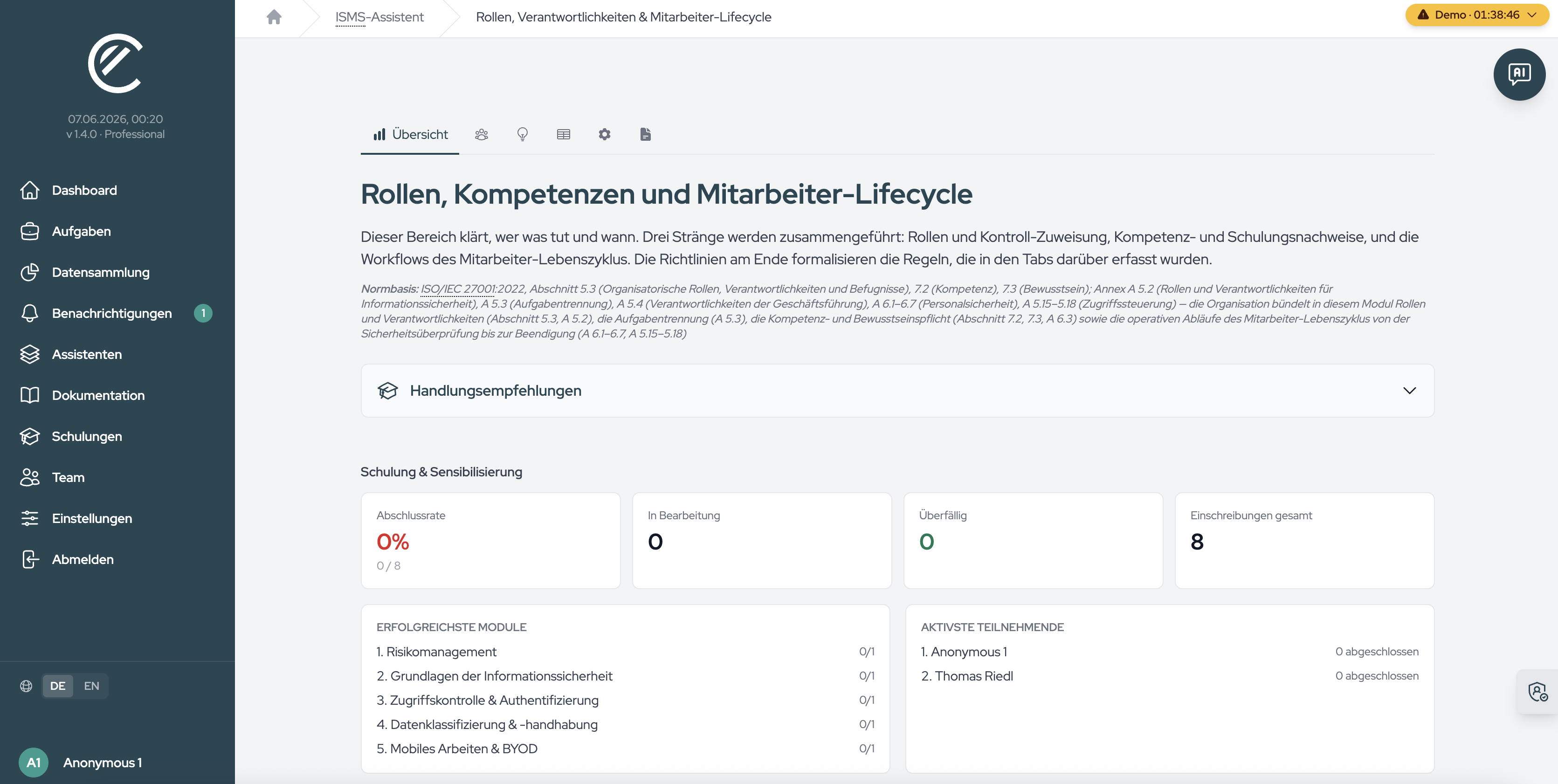 The Roles module with the Overview, Roles & Assignments, Competences & Training, Control RACI, Workflow Configuration, and Policies tabs.