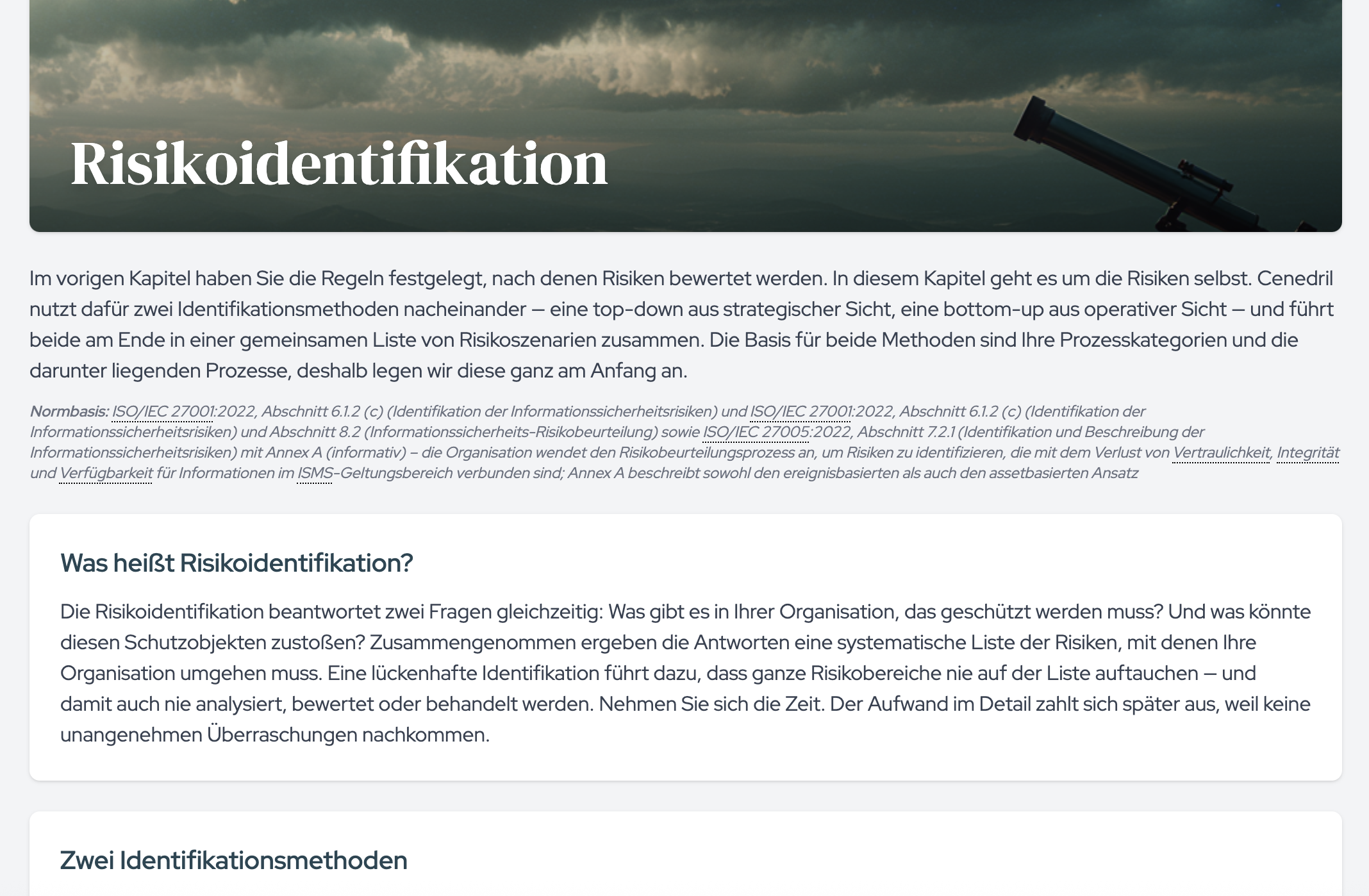 The Risk Identification entry page with the two methods “Top-down: event-based” and “Bottom-up: asset-based”.