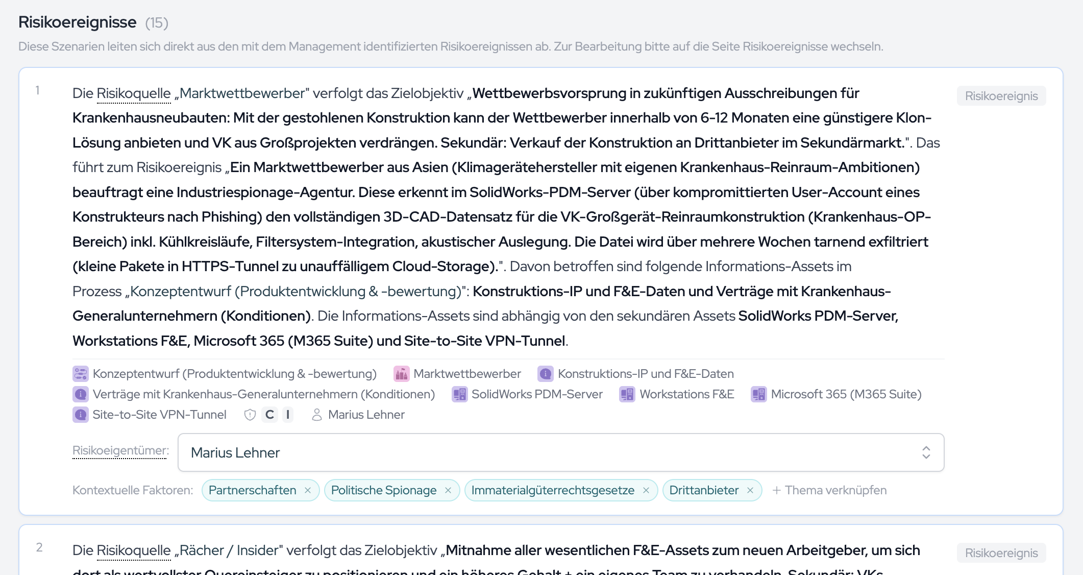 The Risk Scenarios page: risk events at the top, automatically generated suggestions below.