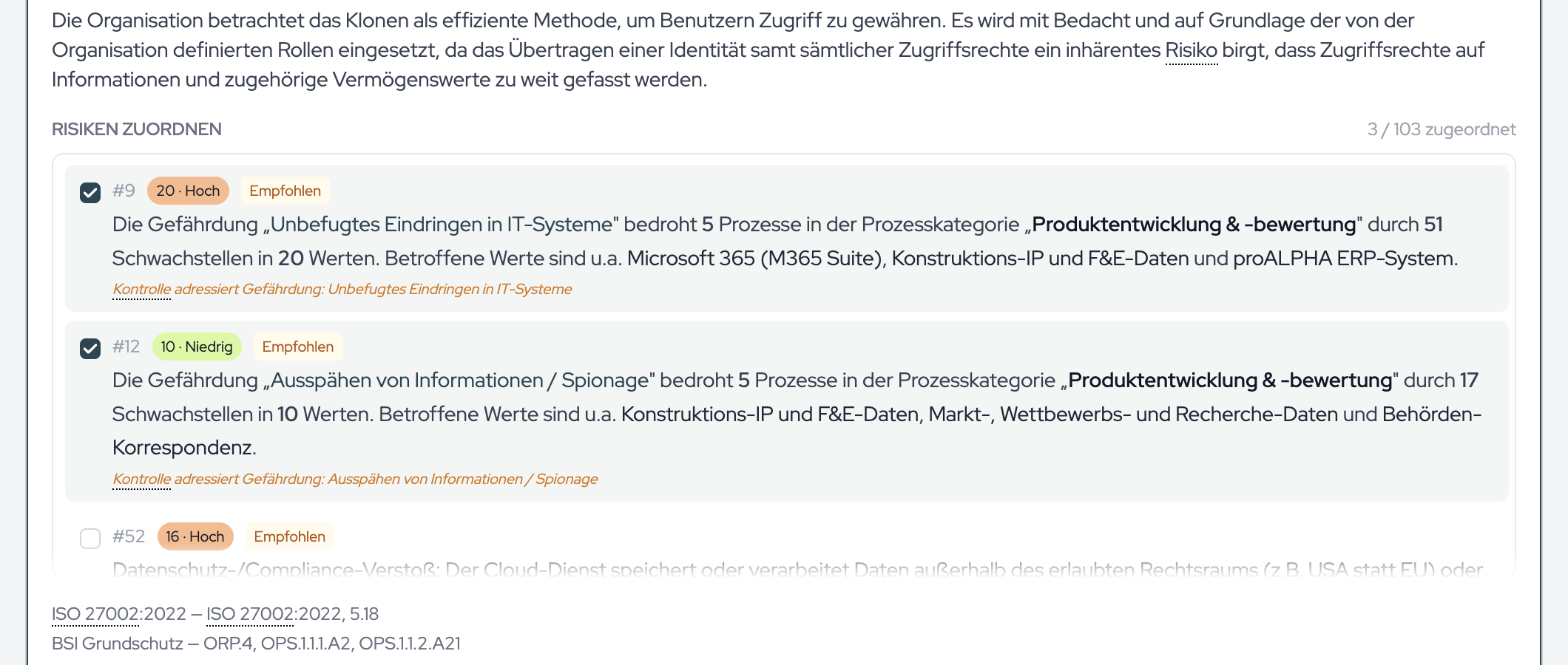 Im aufgeklappten Zustand wählen Sie die Durchführungskriterien und ordnen der Kontrolle unter „Risiken zuordnen“ die abgedeckten Szenarien zu.