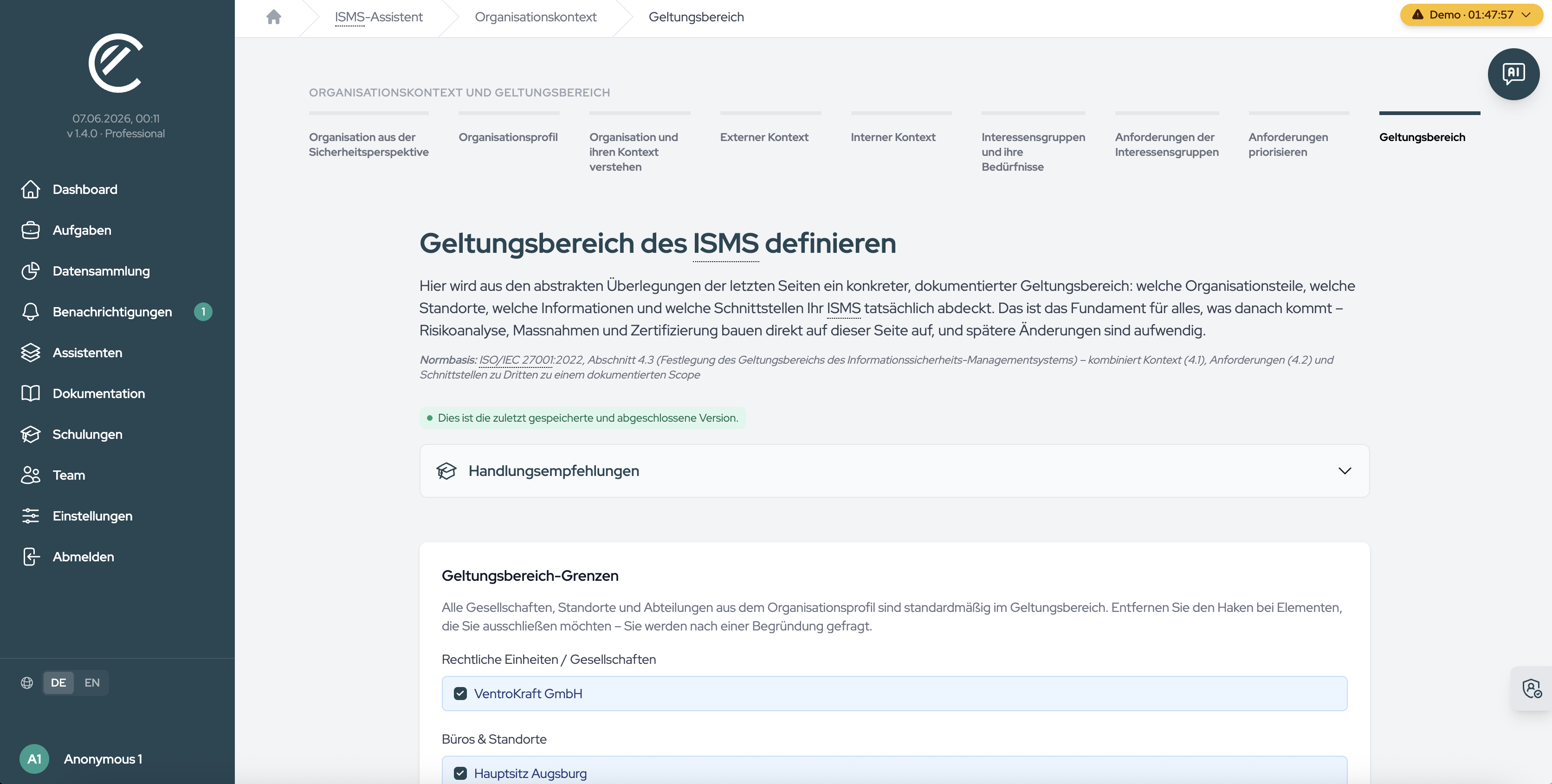 The “Defining the Scope of your ISMS” page with the scope boundaries, requirements, interfaces and scope statement sections.