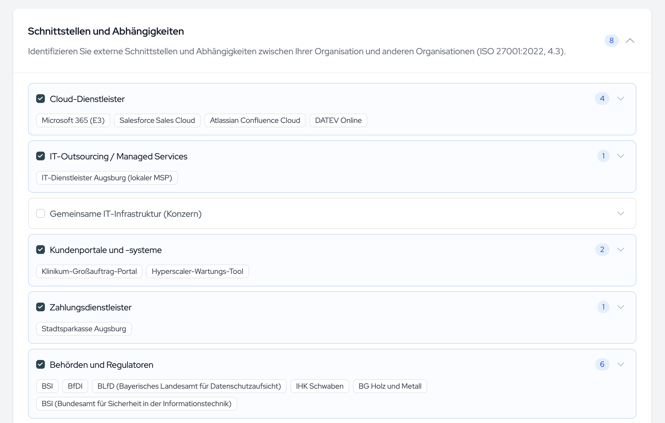 The expanded “Interfaces & Dependencies” section with the predefined interface types and the option to link assets.