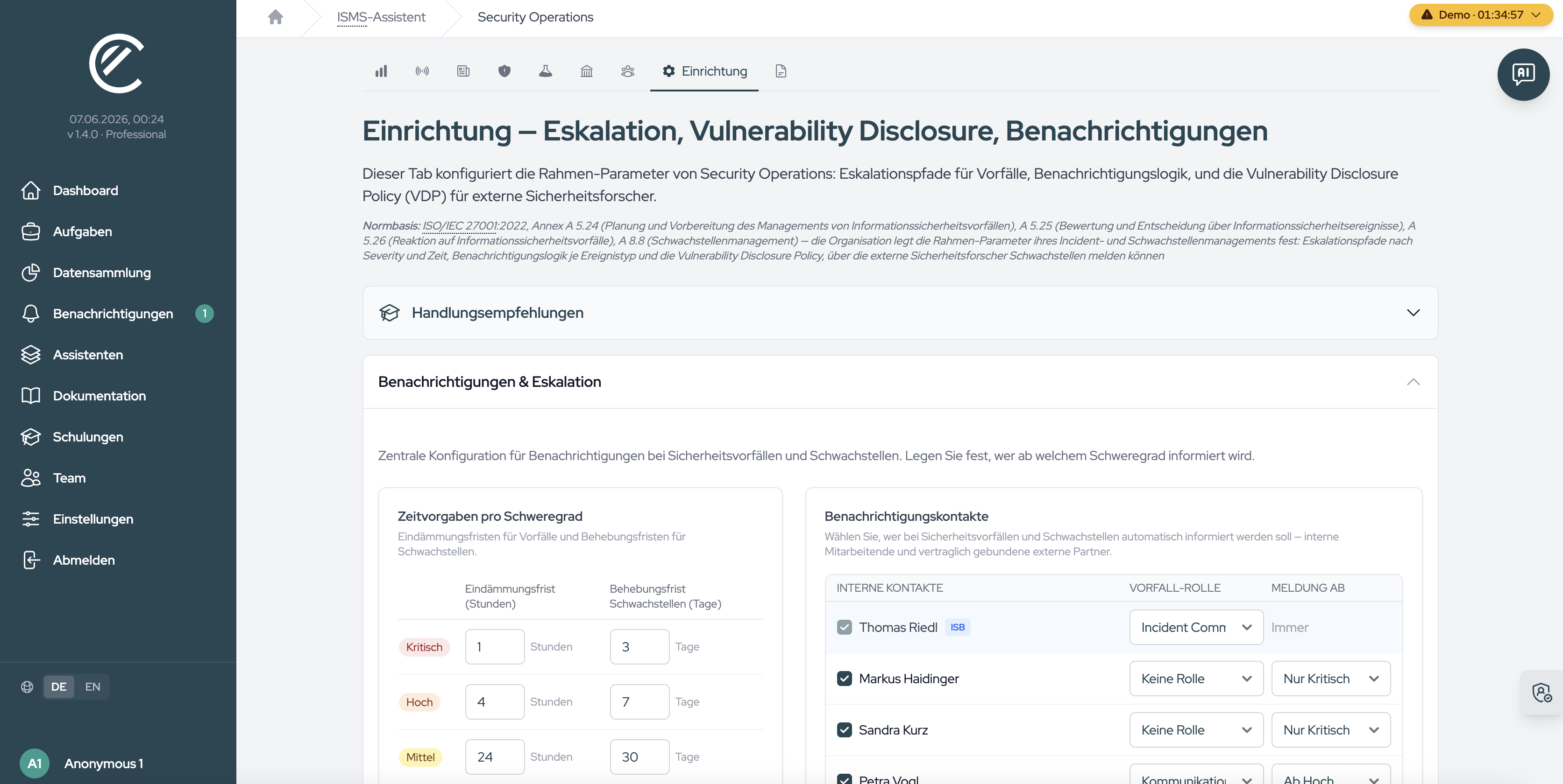 Die Einrichtung mit den Abschnitten „Benachrichtigungen & Eskalation“, „Informationssicherheitsvorfalls-Management“ und „Schwachstellenmeldungsportal“.