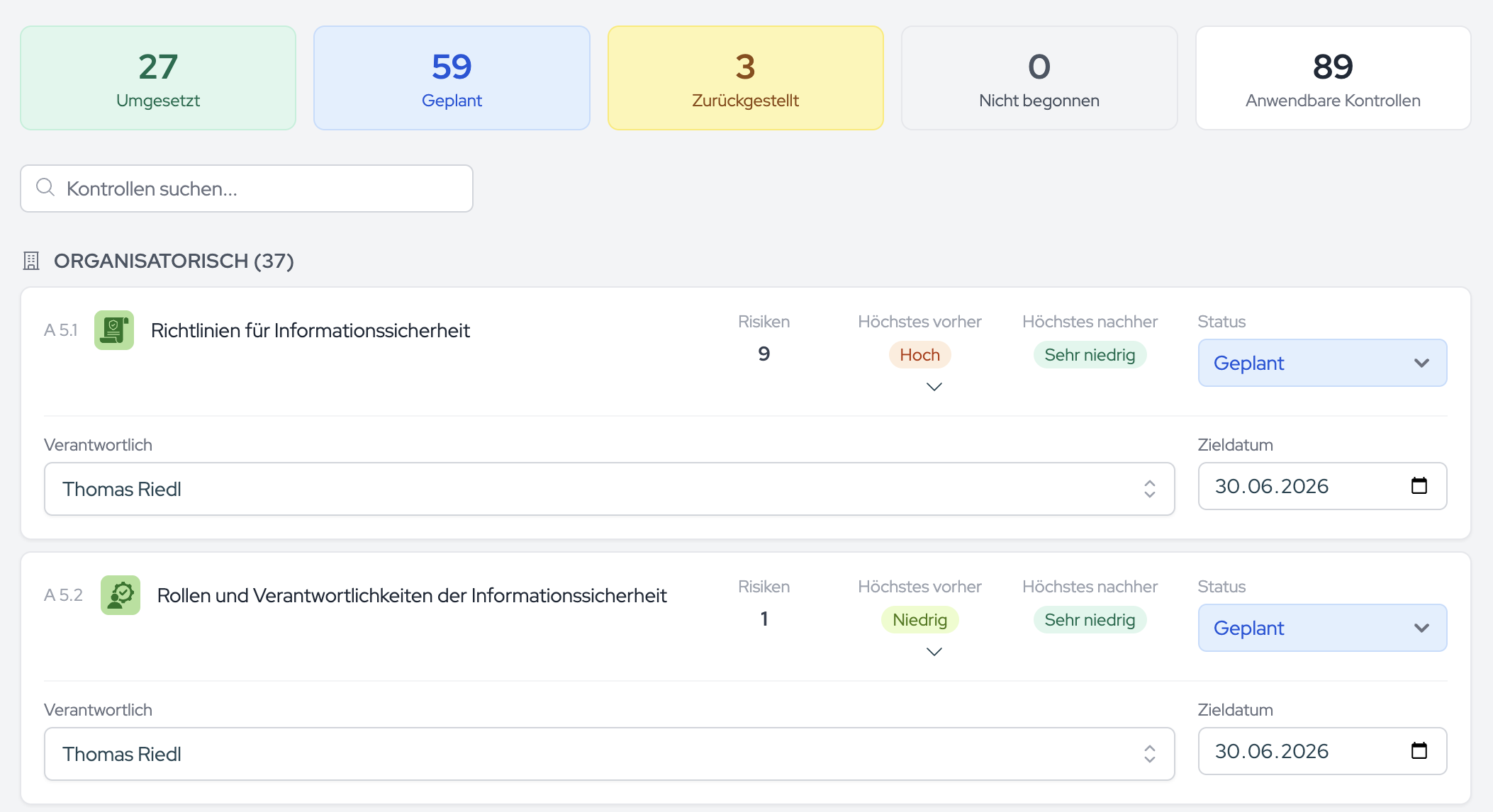 For each applicable control you set an implementation status; the cards at the top count the controls per status.
